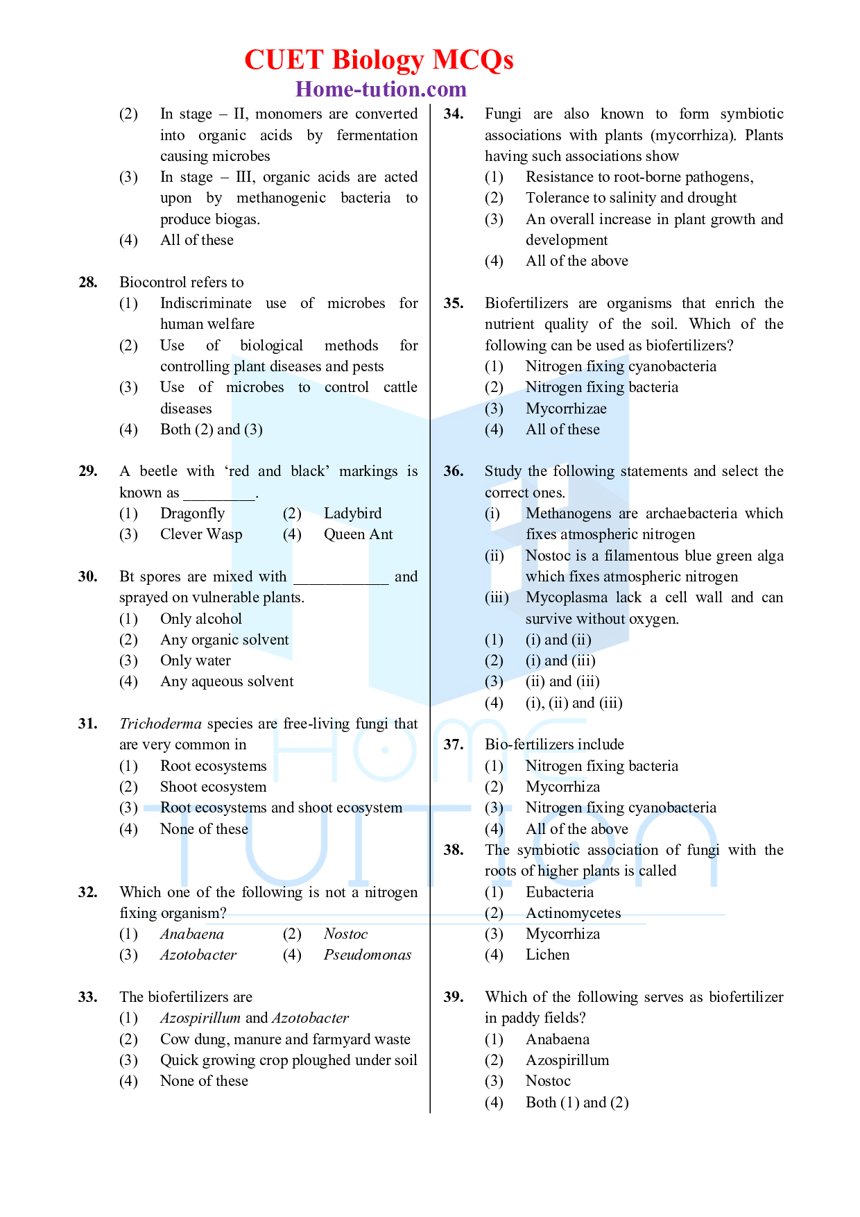 Biology MCQ Questions for CUET Chapter 10 Microbes in Human Welfare