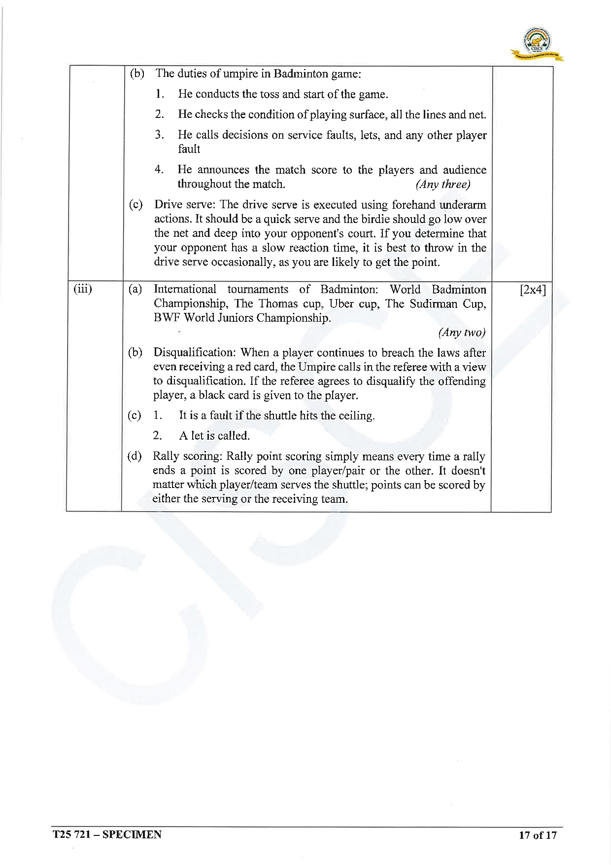 ICSE Board Sample Paper for class 10 Physical Education