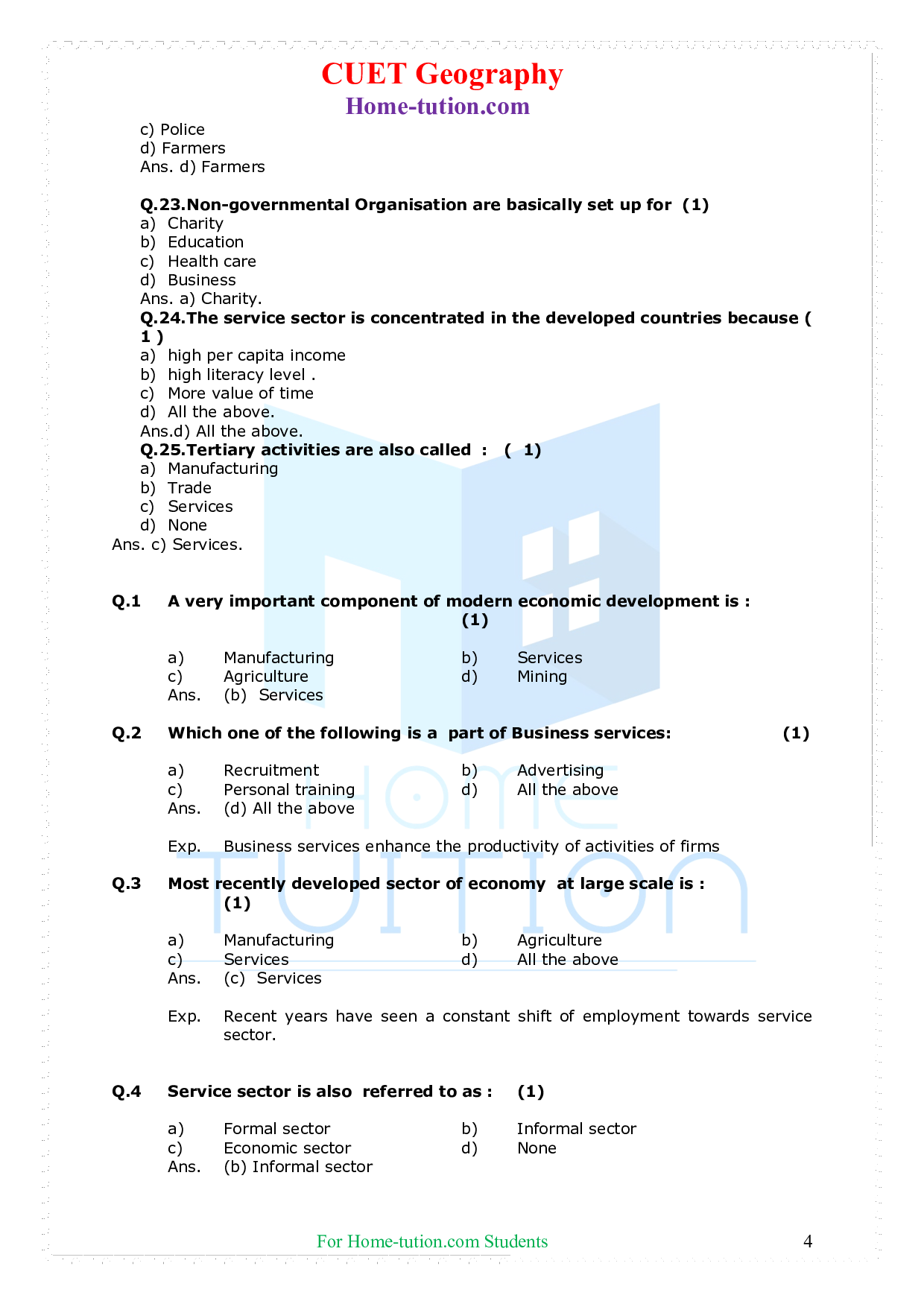 CUET Fundamentals of Human Geography Chapter 7 Tertiary and Quaternary Activities