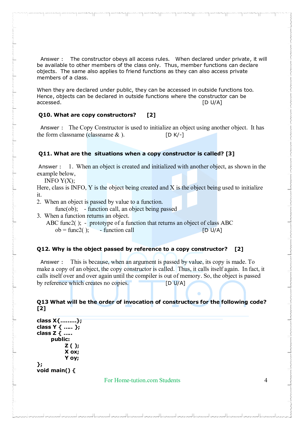 CBSE Questions for Chapter-Constructor and Destructor