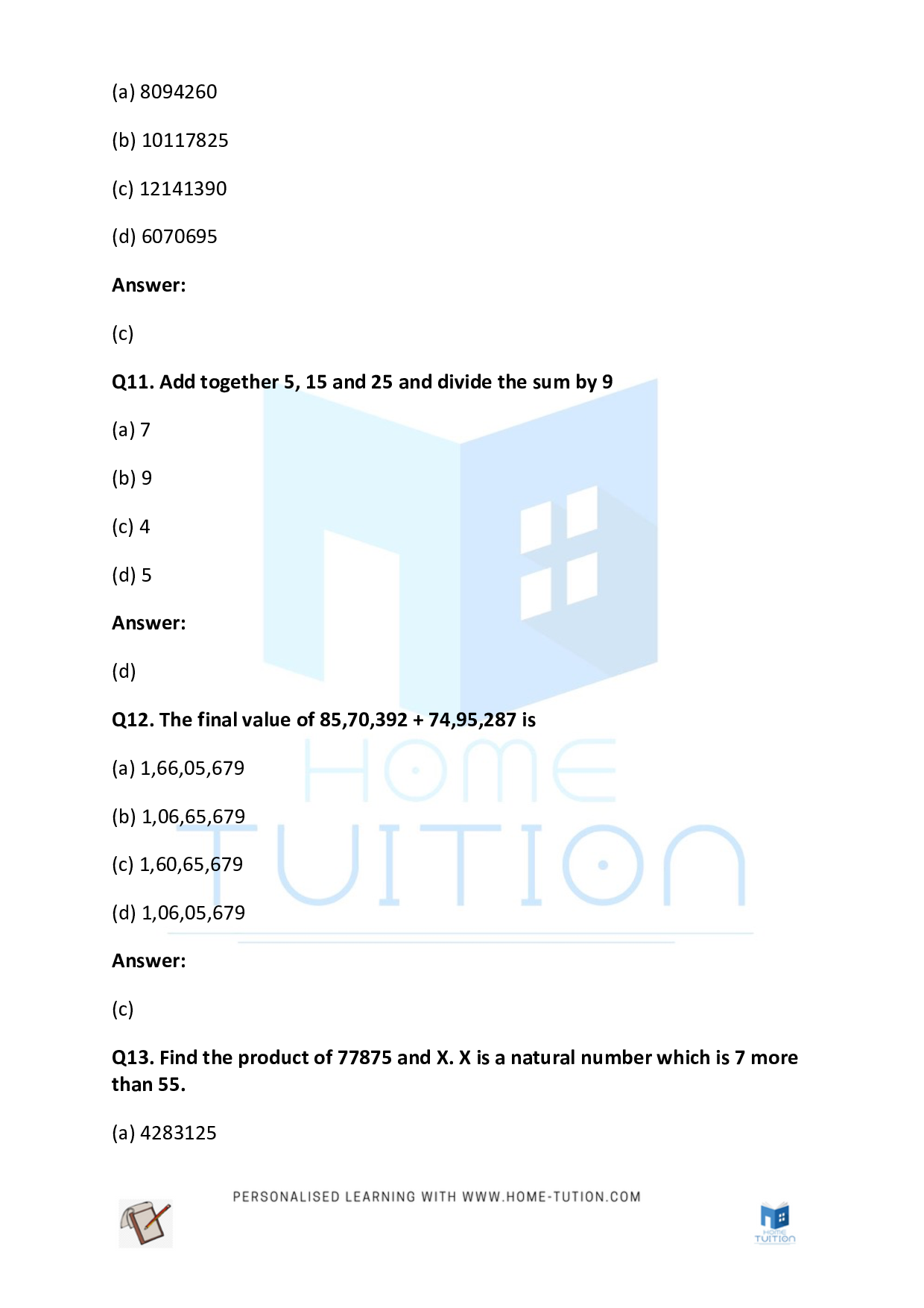 CBSE Class 5 Maths Operation on Large Numbers Worksheet with Answers PDF 