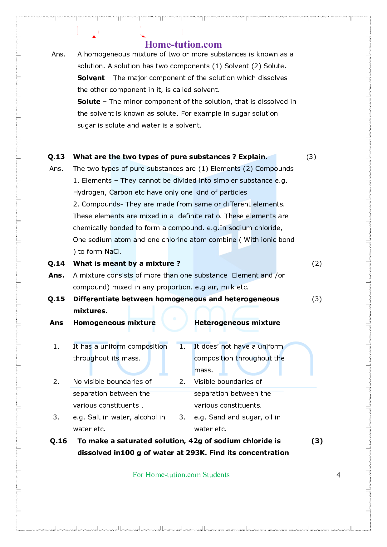 Questions for Class 9 Science Chapter 2 Is Matter Around Us Pure