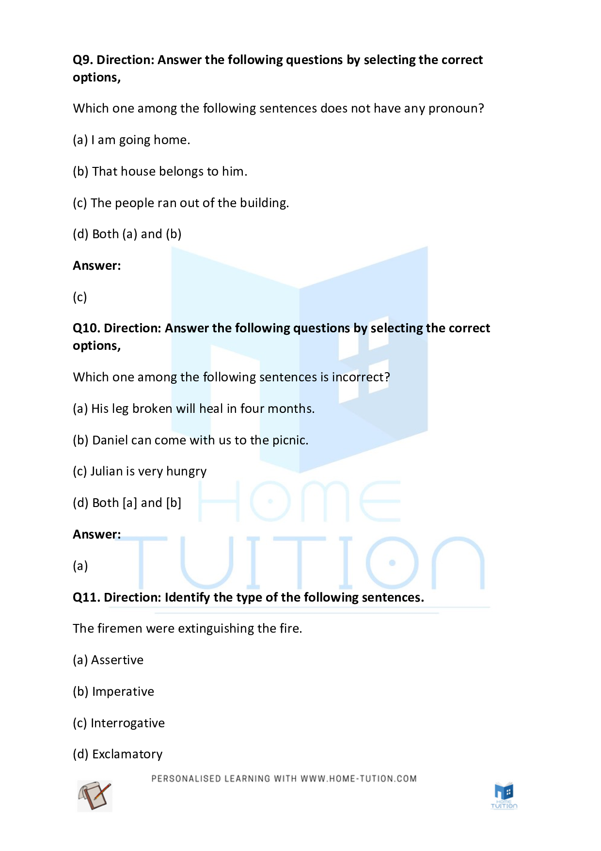 CBSE Class 3 English, English Sentences Worksheet with Answers - Download Free Printable PDF
