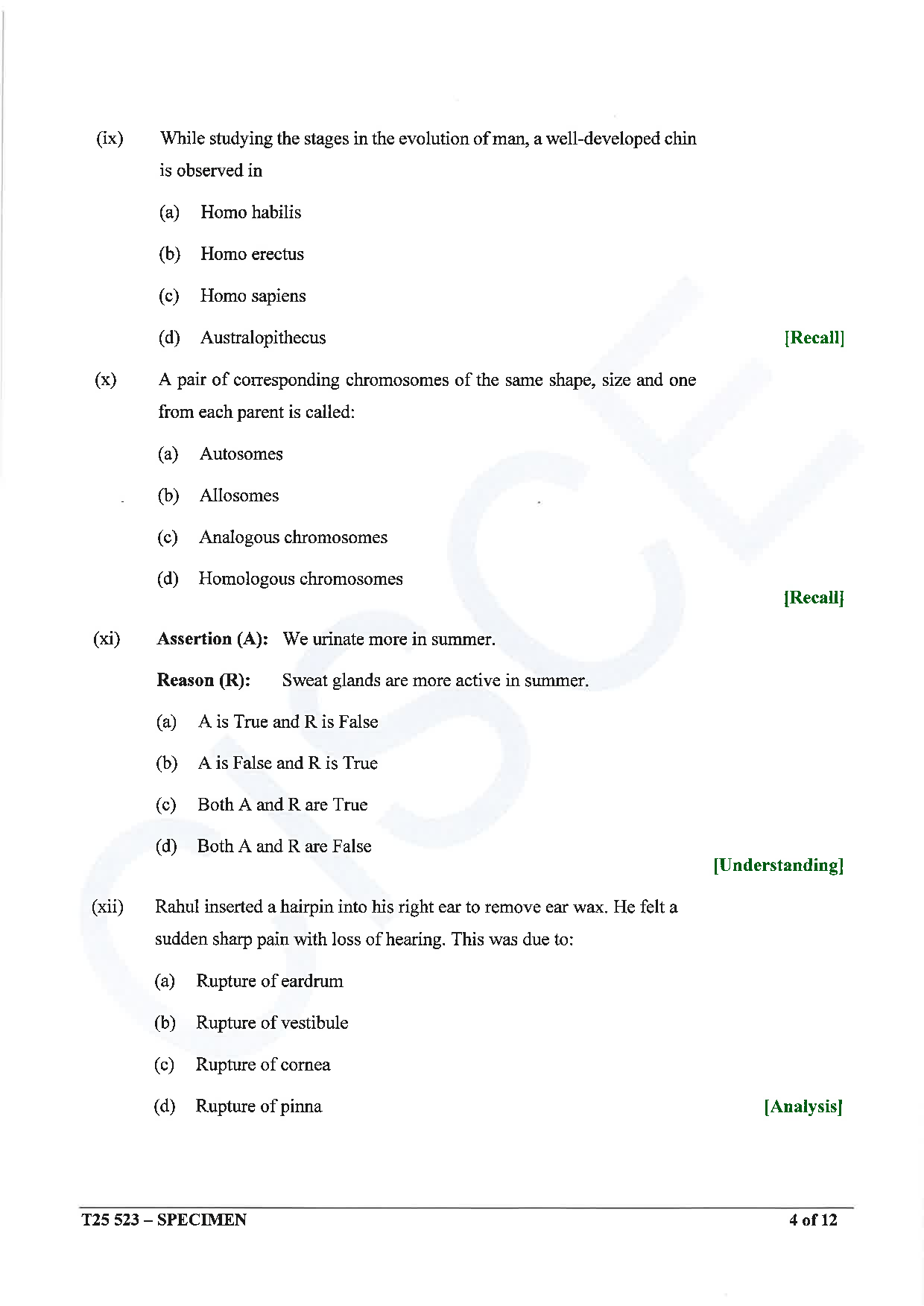 ICSE Board Sample Paper for class 10 Biology