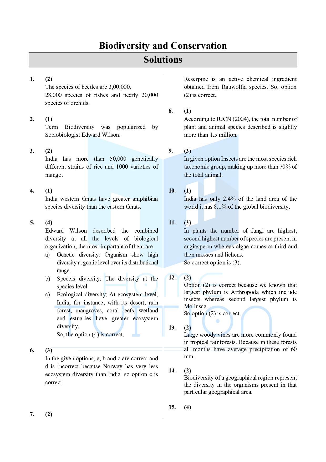 Biology MCQ Questions for CUET Chapter 15 Biodiversity and Conservation
