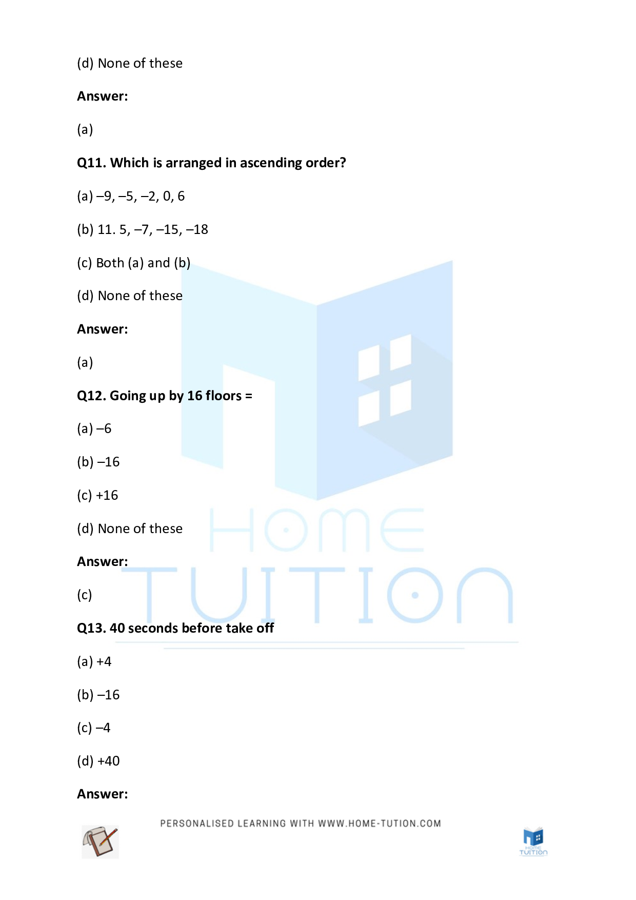 CBSE Class 5 Maths Integers Worksheet Free PDF Home Tution