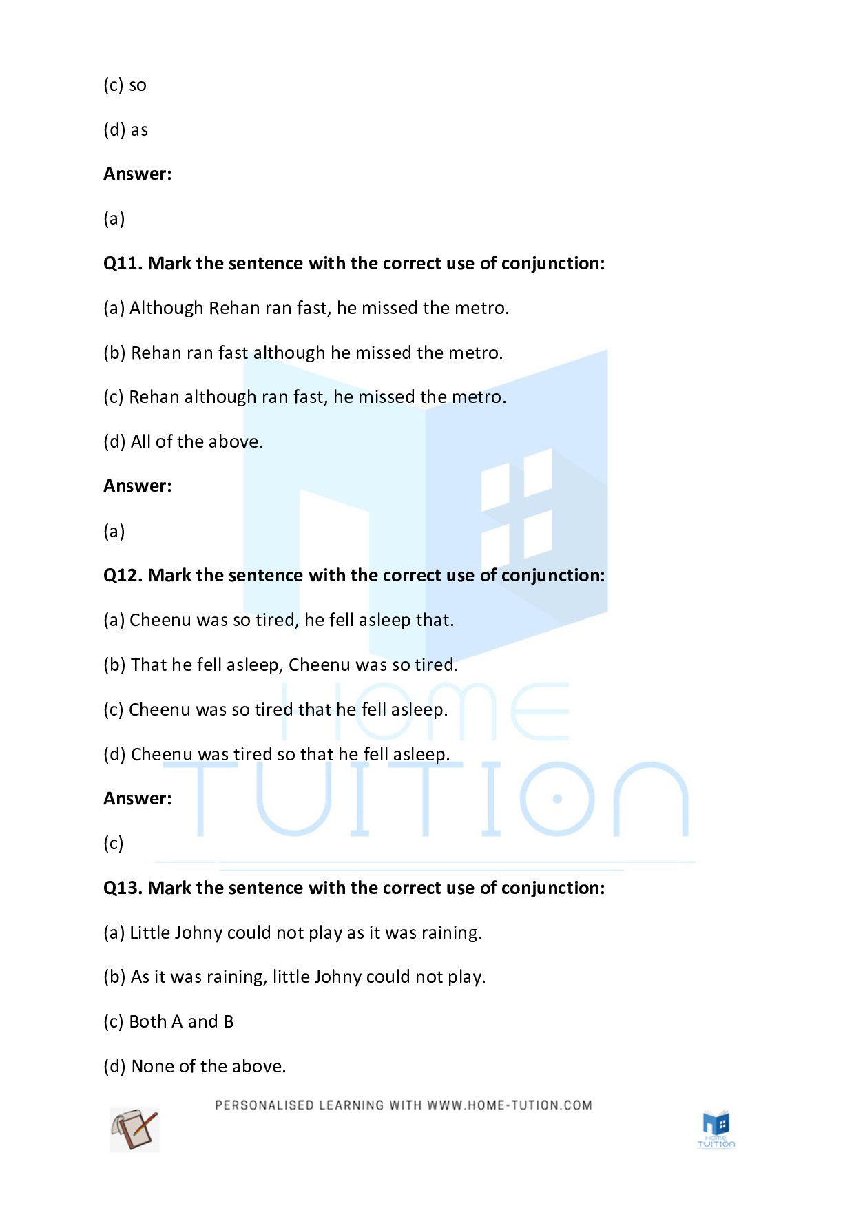 CBSE NCERT Class 4 English Conjunctions Worksheet with Answers PDF