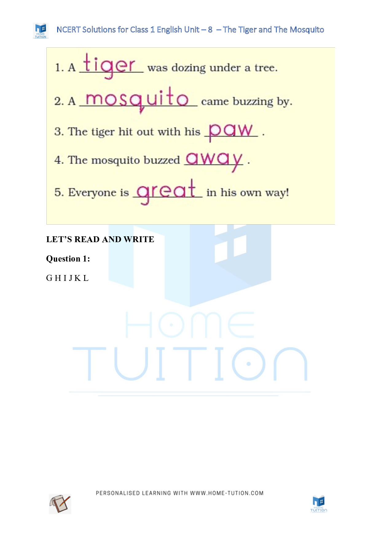 NCERT Solutions for Class 1 English Unit 8 - The Tiger and The Mosquito