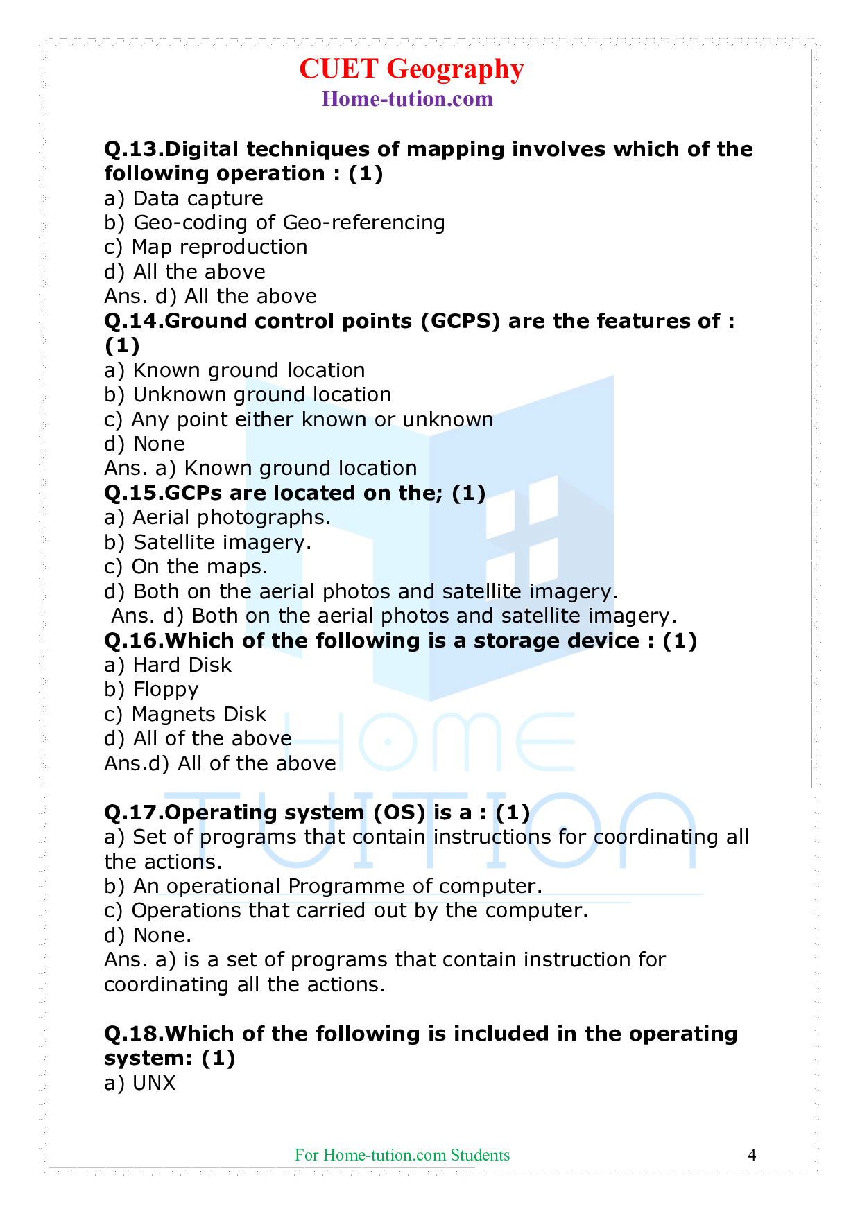 MCQ Questions For CUET Geography Chapter 4 Use of Computer in Data Processing and Mapping