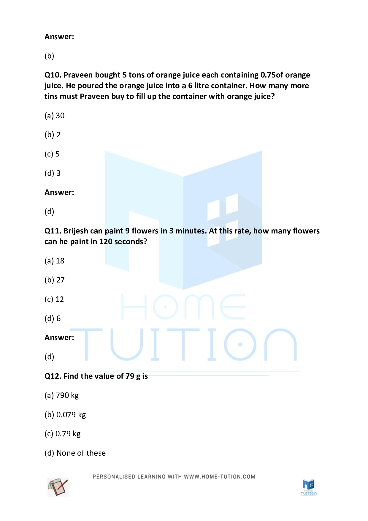 CBSE Class 5 Maths Measurement Worksheet Free PDF Home Tution