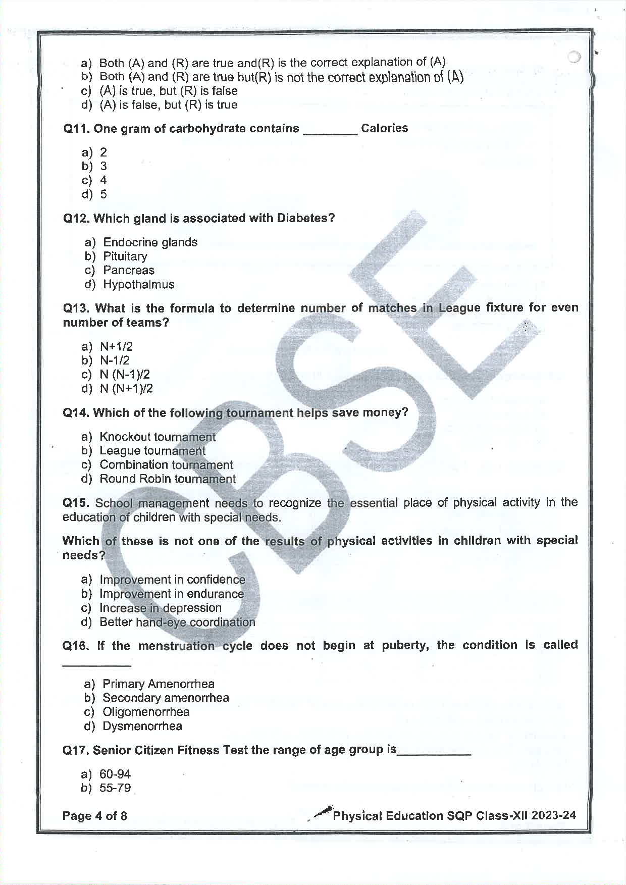 Class 12 Sample Papers for Physical Education