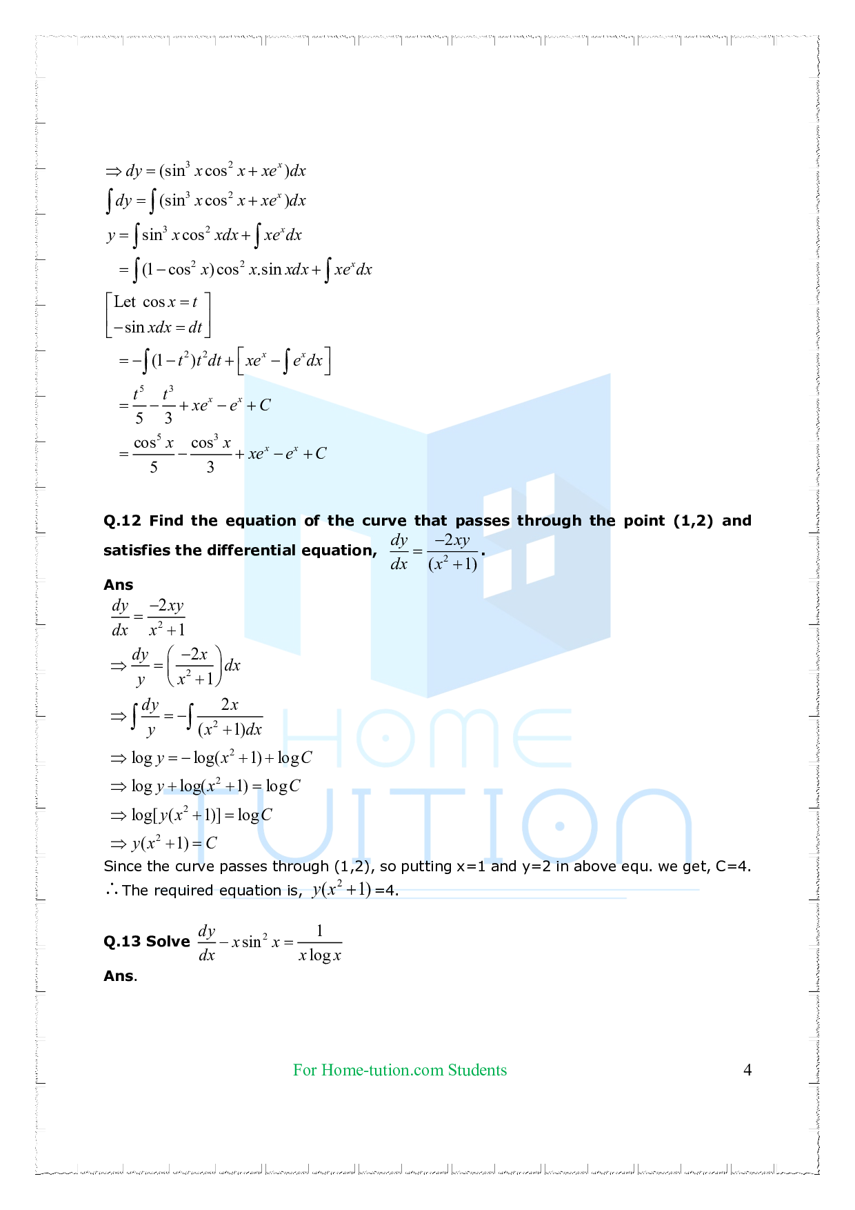 Chapter 9 Differential Equations Important Questions