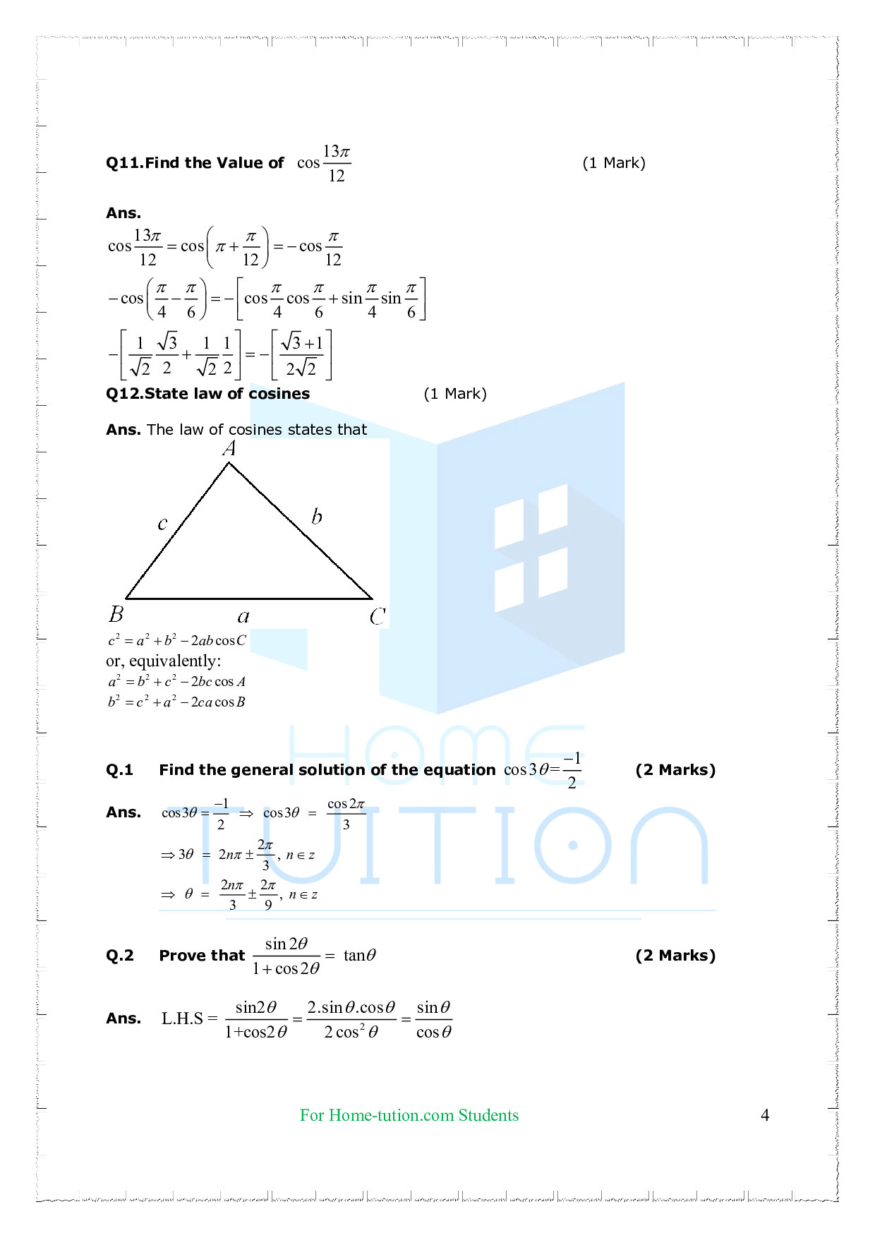 Chapter 3 Trigonometric Functions Questions