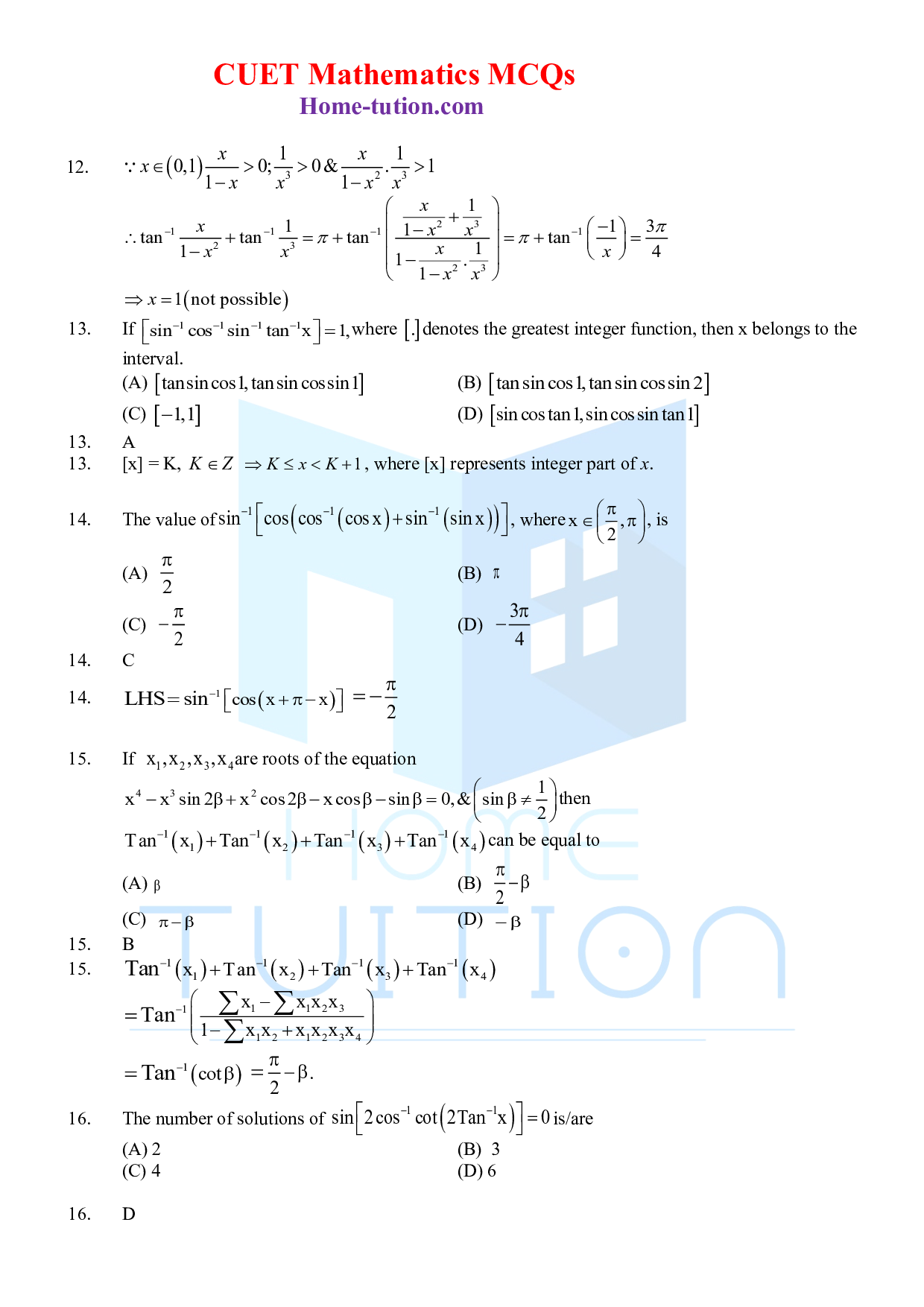 CUET MCQ Questions For Maths Chapter-15 Inverse Trigonometric Function
