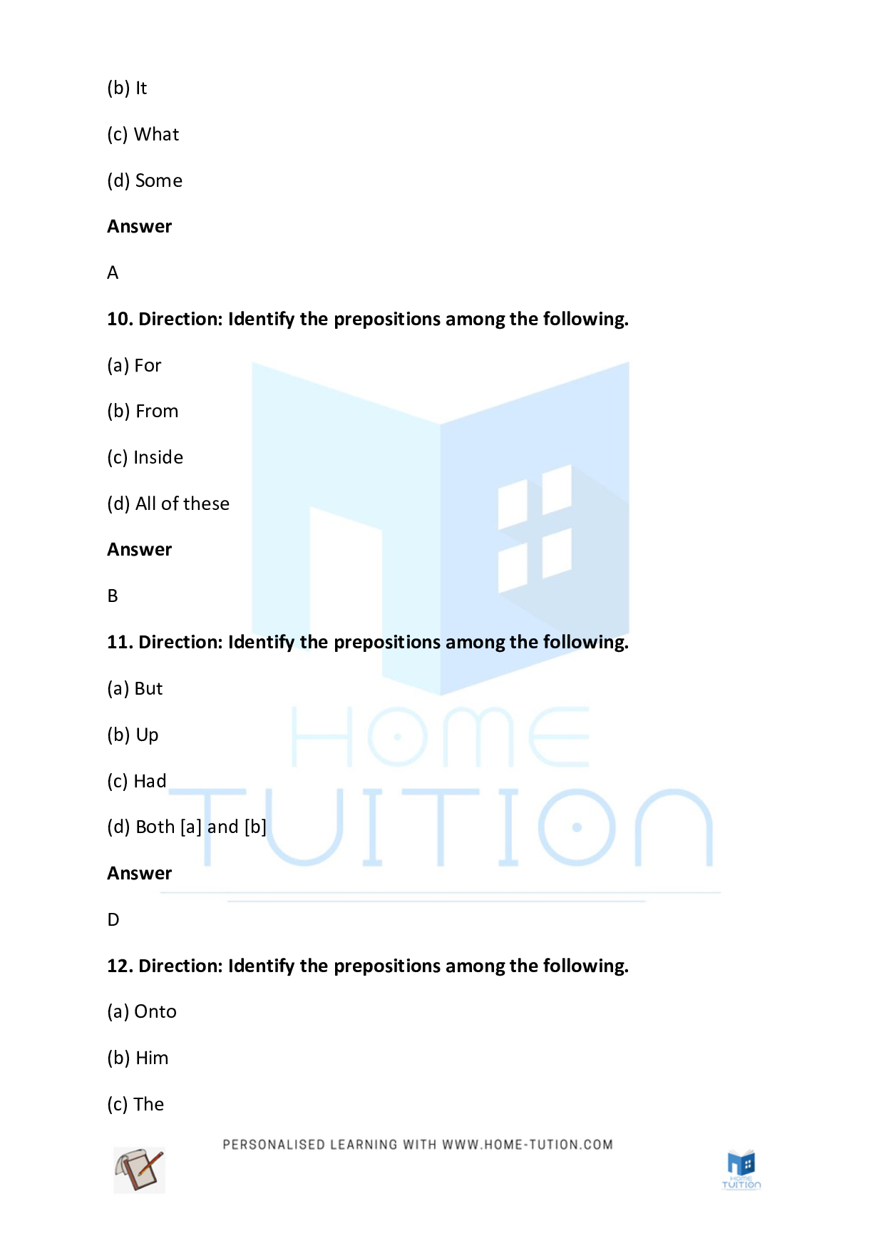 NCERT CBSE Class 2 English Preposition Worksheet Questions with Answers 