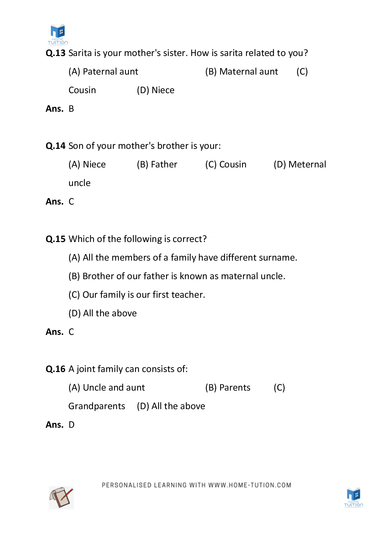 Worksheet For Chapter-1 - My Family And Relatives Questions and Answers