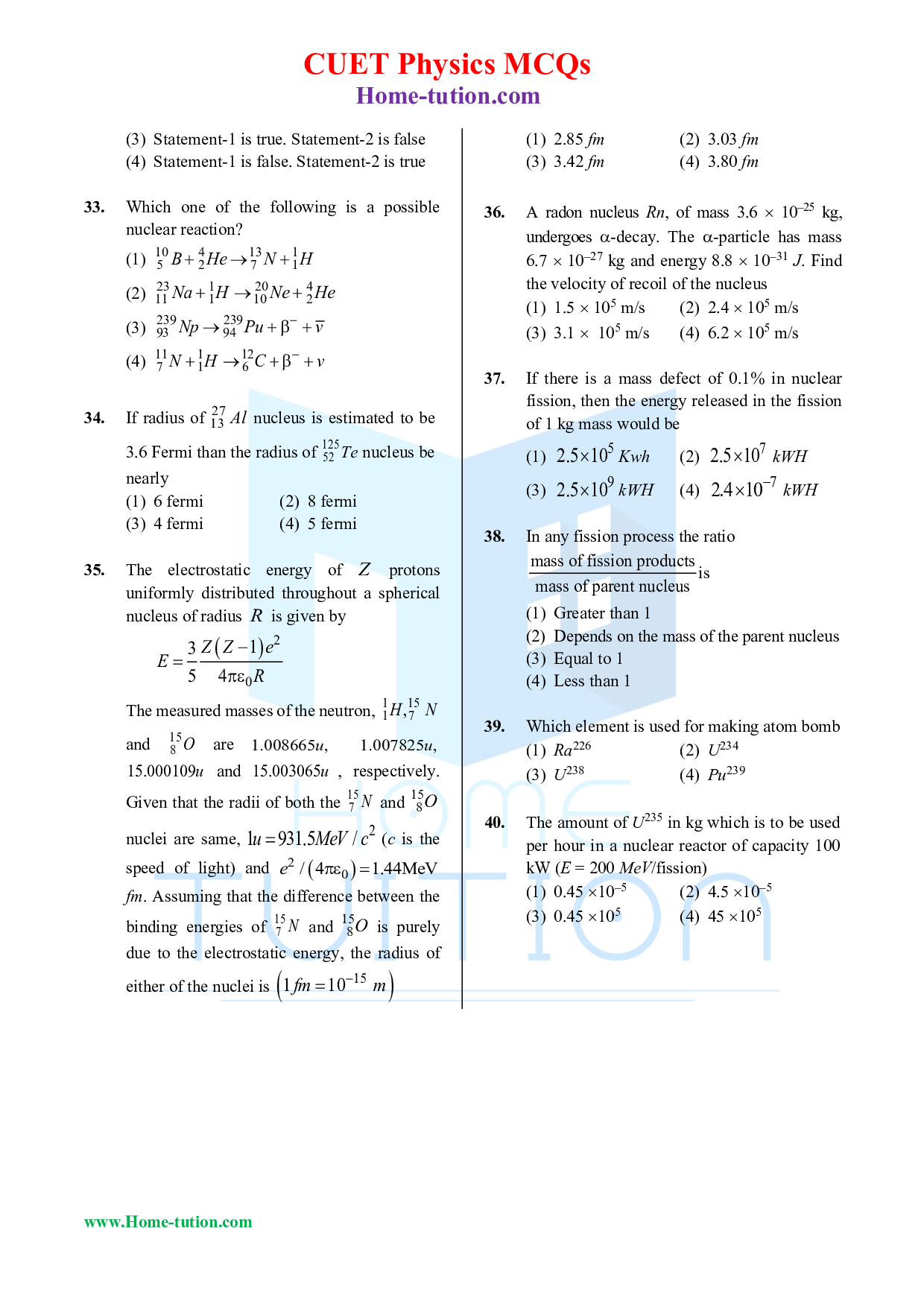 CUET MCQ Questions For Physics Chapter-13 Nuclei