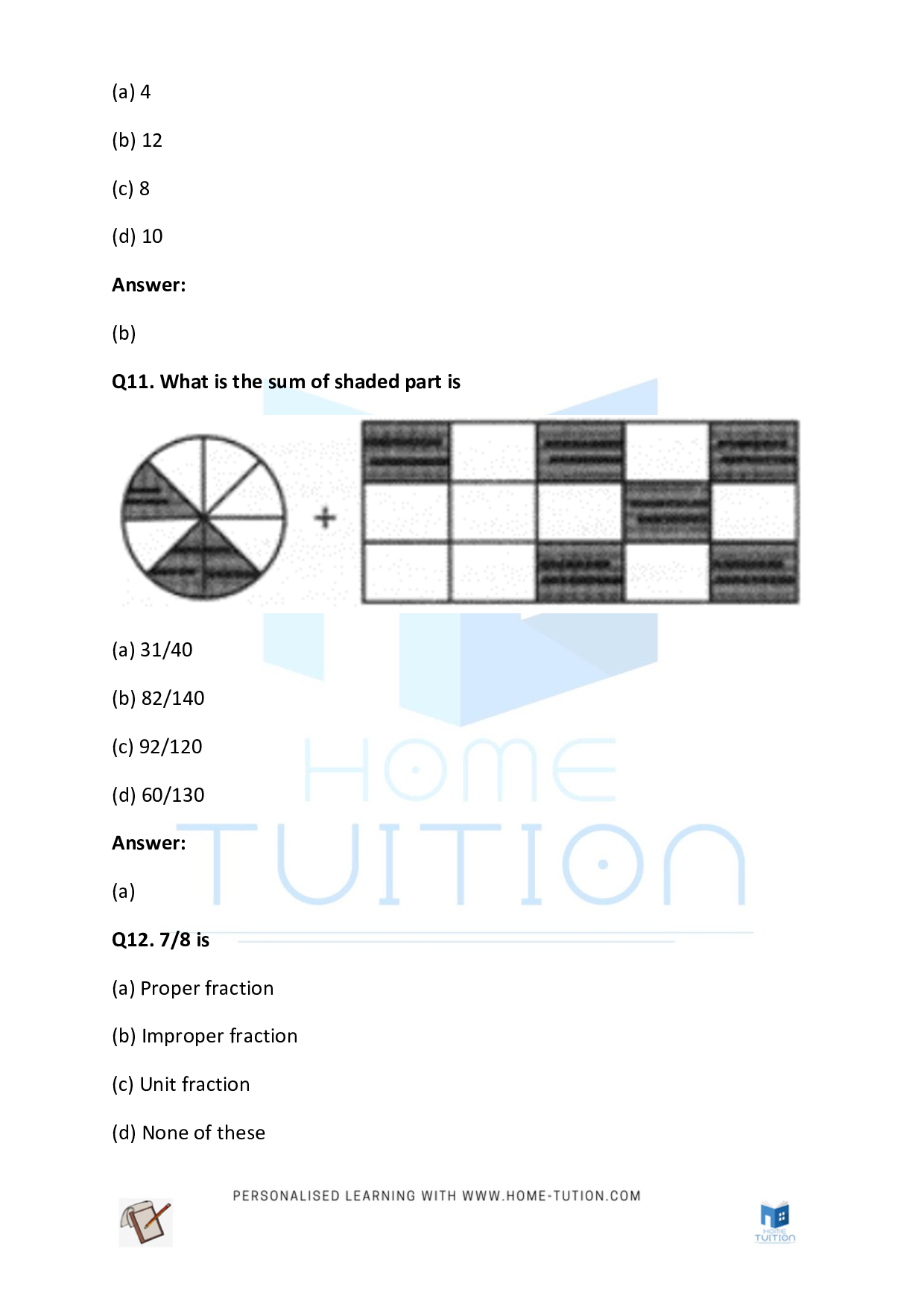 CBSE Class 5 Maths Fraction Worksheet with Answers PDF 