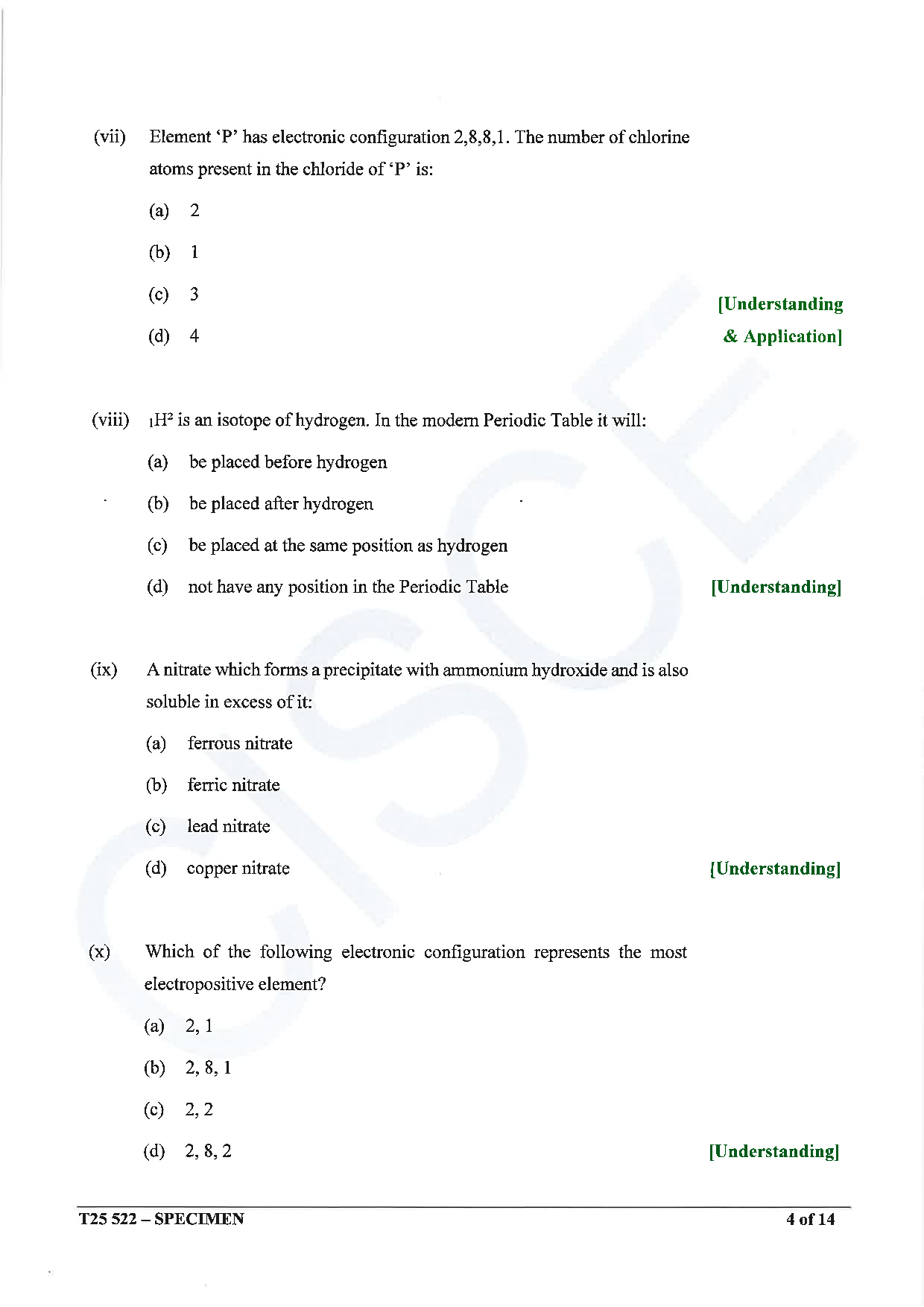 ICSE Board Sample Paper for class 10 chemistry