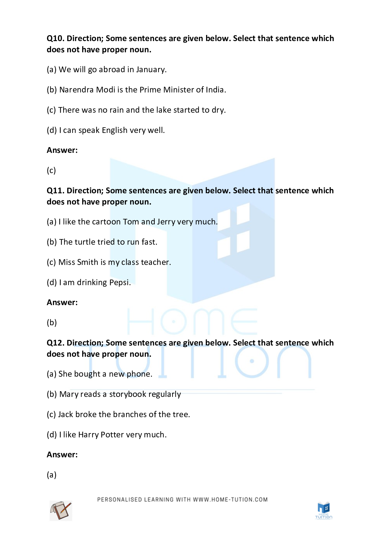 CBSE Class 3 English Noun Worksheet with Answers - Download Free Printable PDF