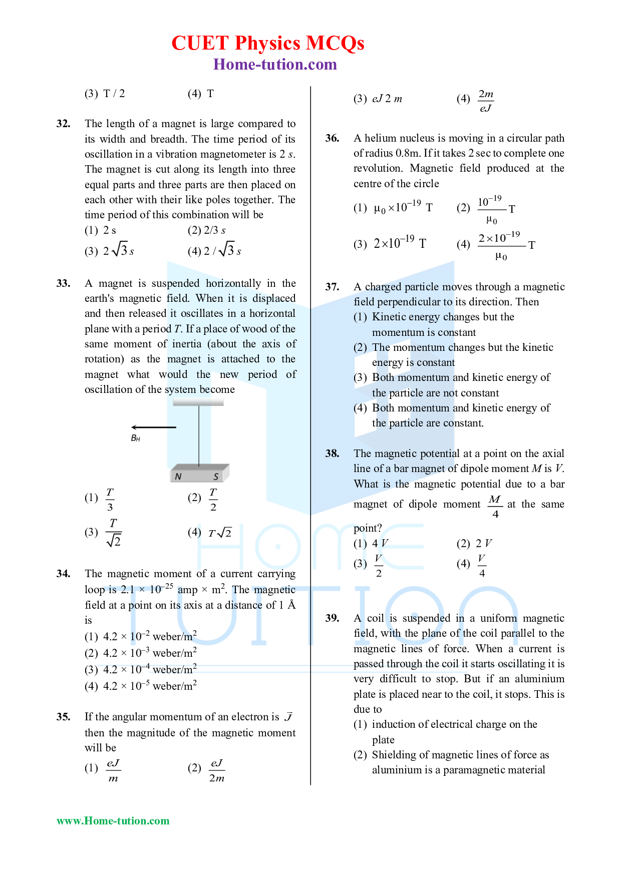 CUET MCQ Questions For Physics Chapter-05 Magnetism and Bar Magnet