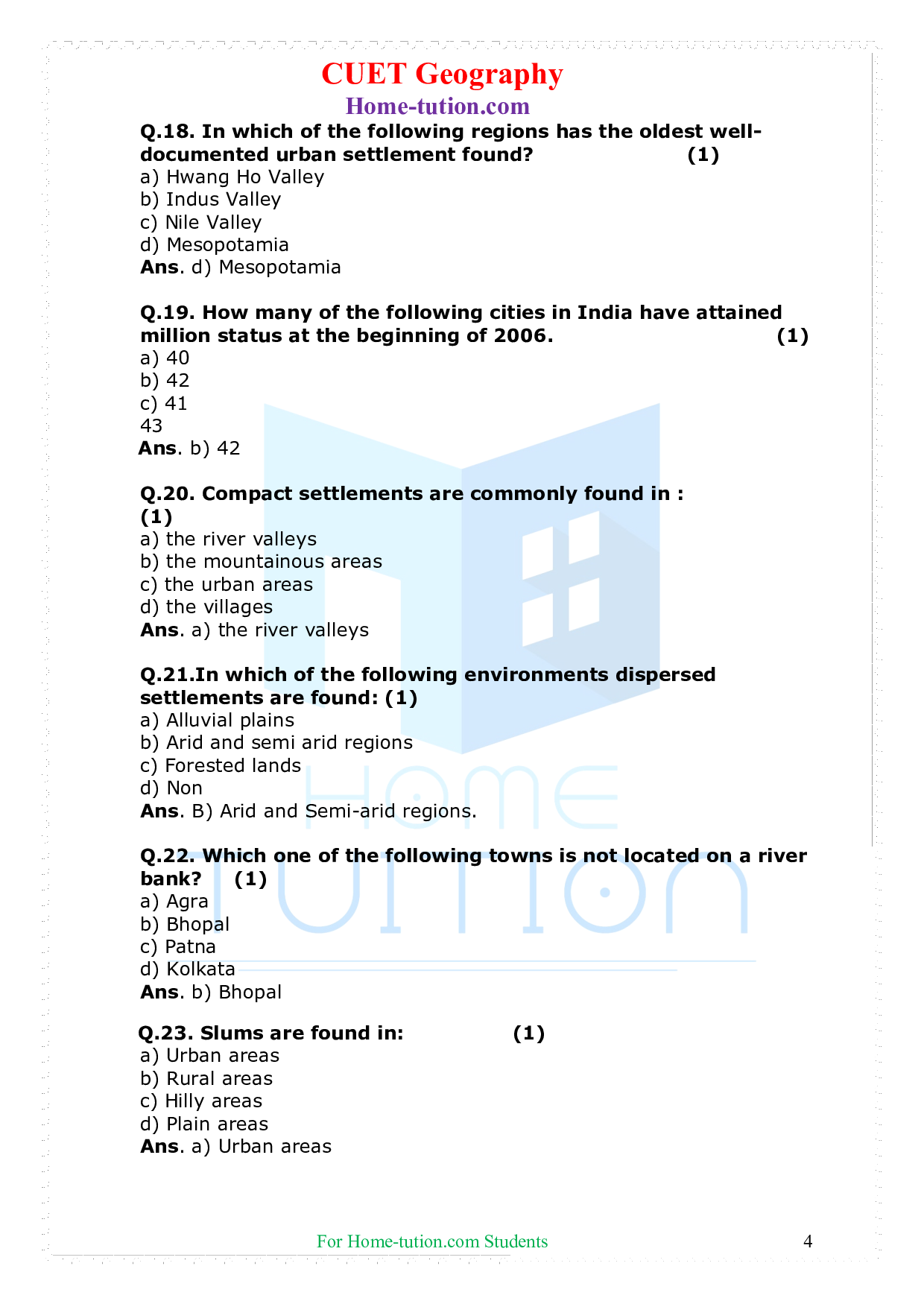 CUET Fundamentals of Human Geography Chapter 10 Human Settlements