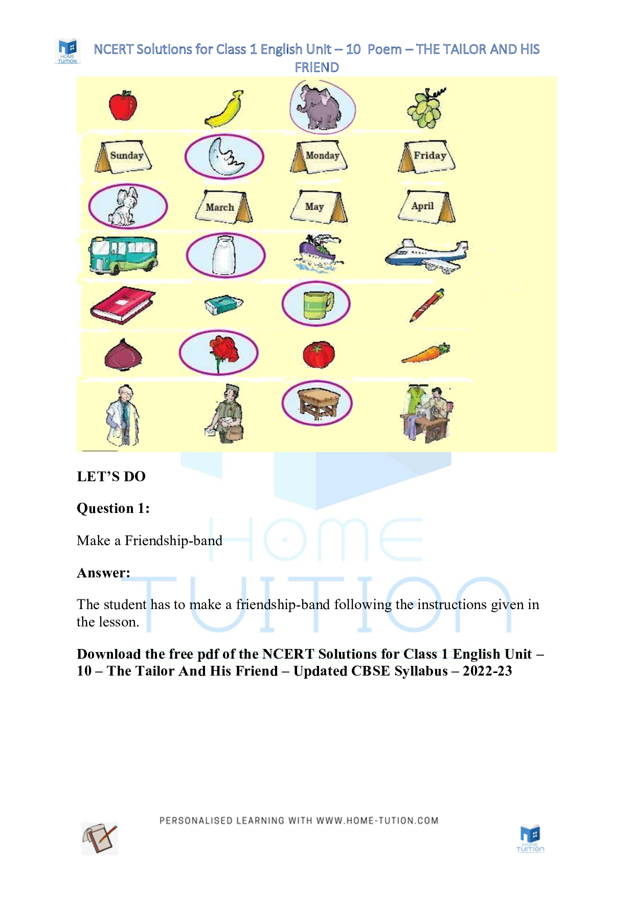 NCERT Solutions for Class 1 English Unit 10 - The Tailor And His Friend
