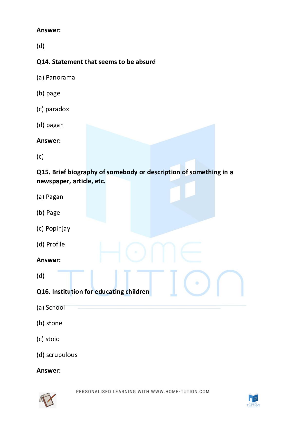 CBSE Class 5 English Distinguishing through Definitions and Examples Worksheet PDF