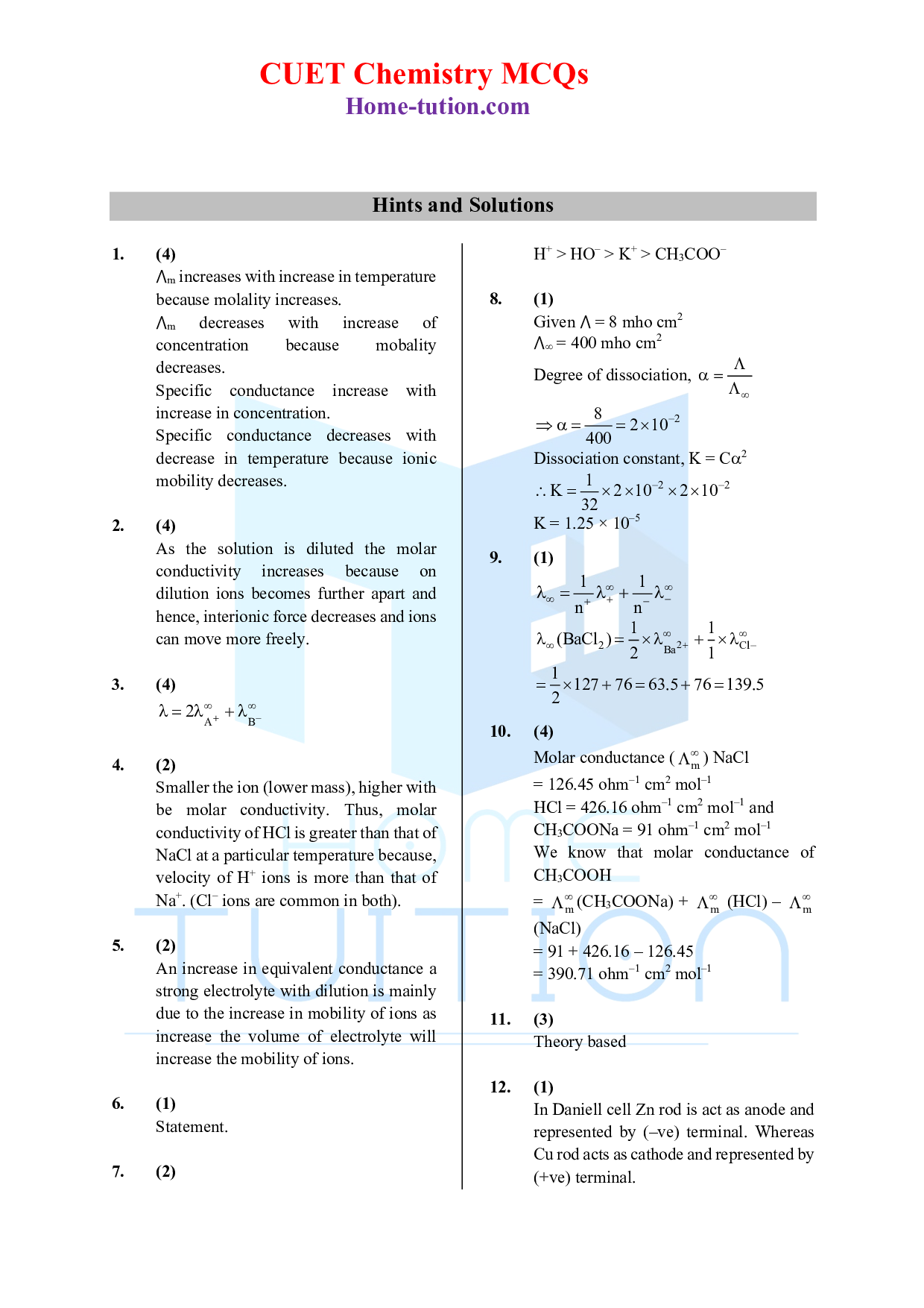 CUET MCQ Questions For Chapter-03 Electrochemistry