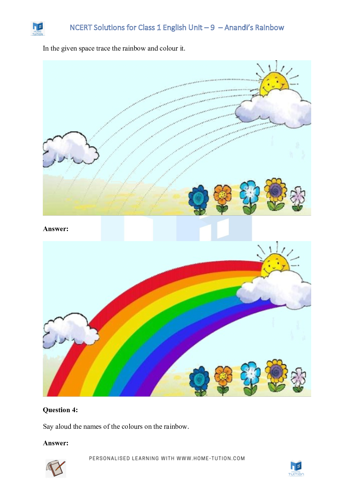 NCERT Solutions for Class 1 English Unit 9 - Anandi's Rainbow