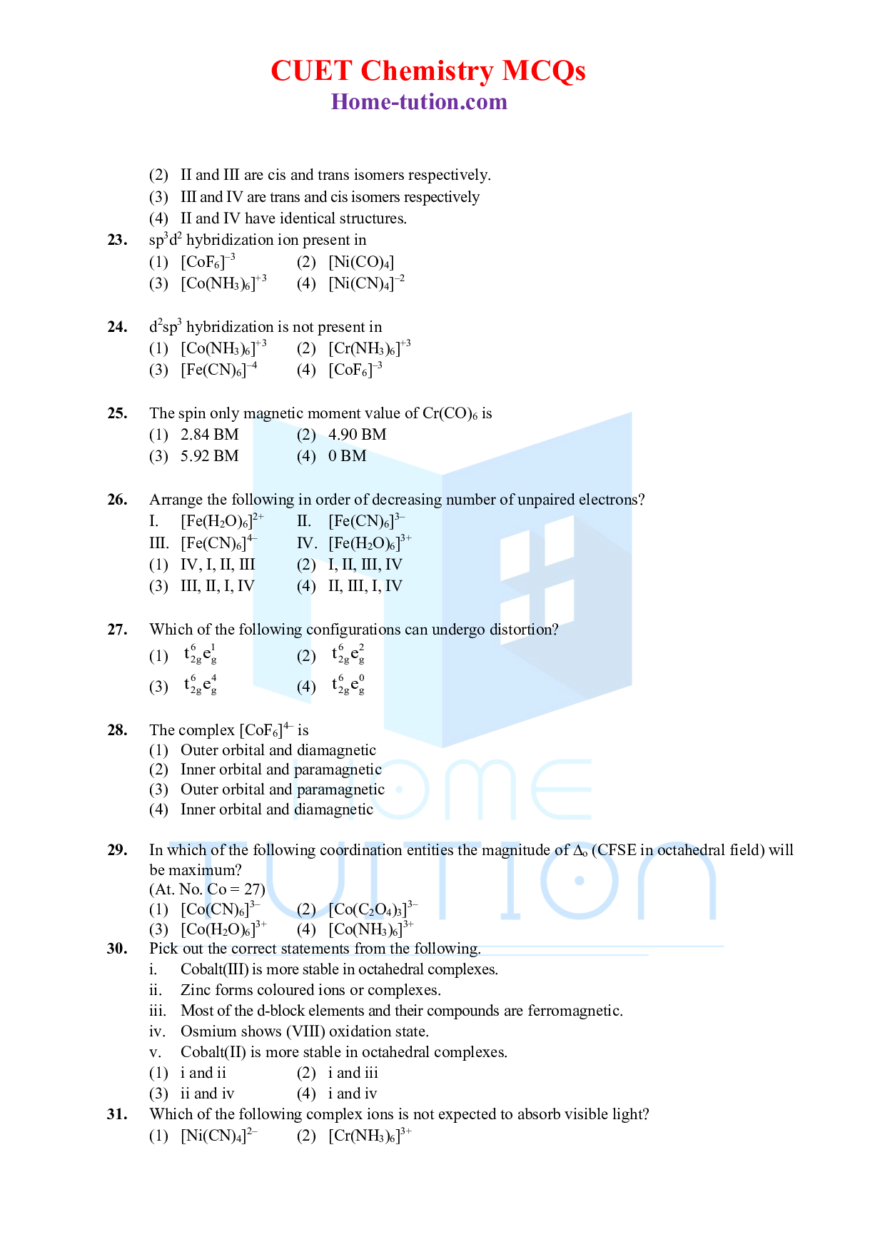 CUET MCQ Questions For Chapter-09 Coordination Compounds
