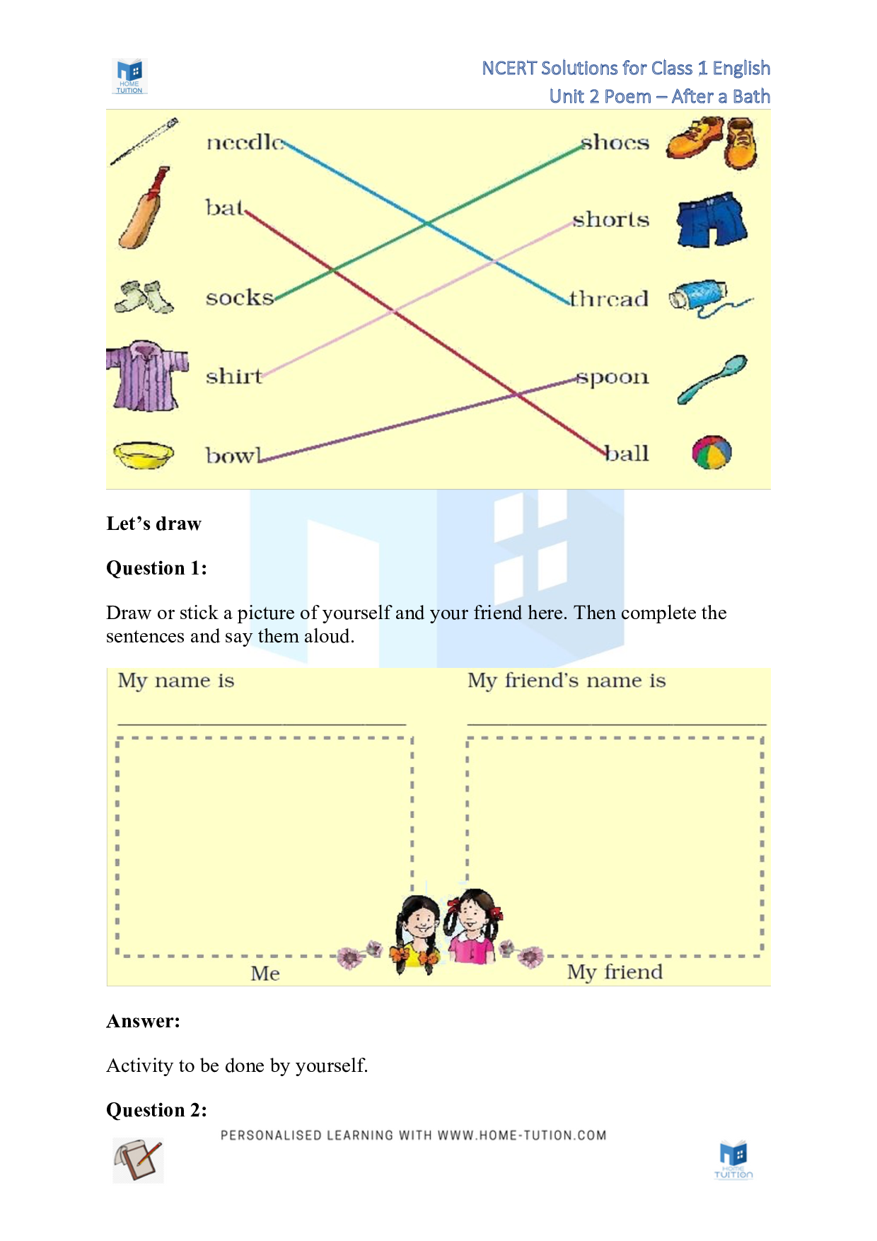 NCERT Solutions for Class 1 English Unit 2 Poem - After a Bath