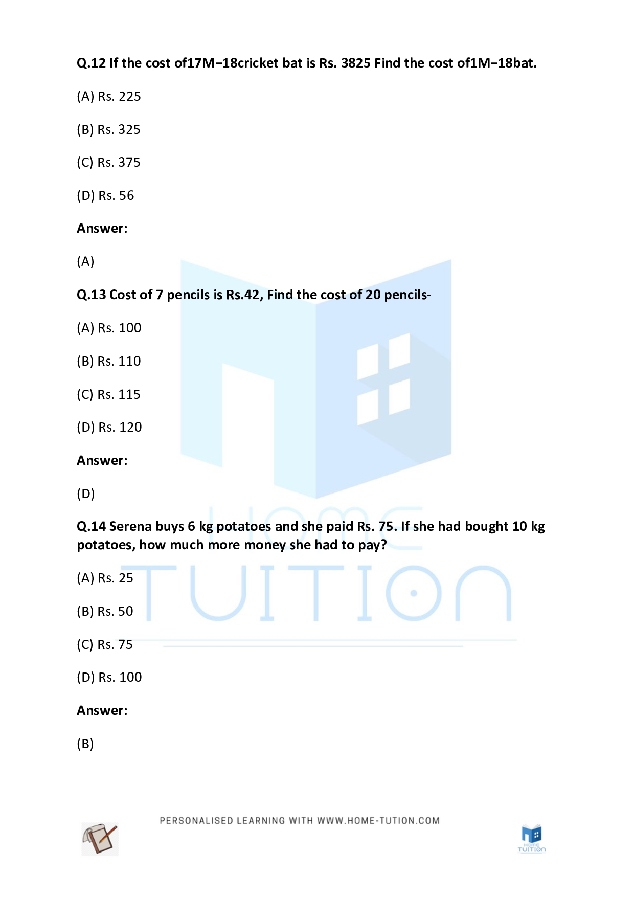 CBSE (NCERT) Class 4 Maths Unitary Method Worksheet Questions with Answers 