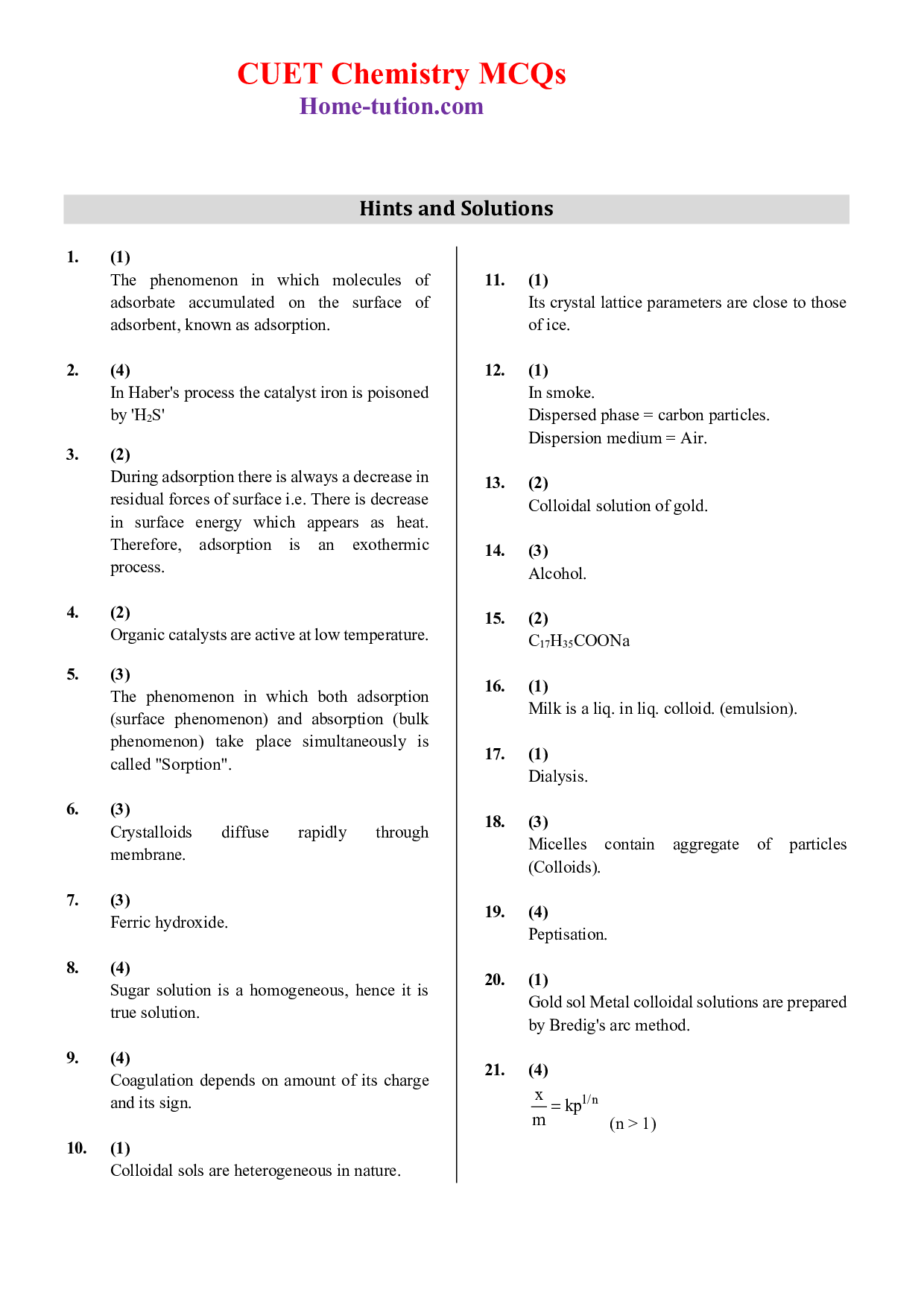 CUET MCQ Questions For Chapter-05 Surface Chemistry