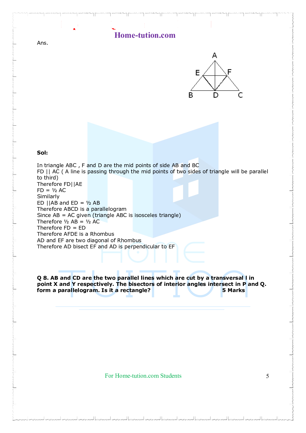 Questions for Class 9 Maths Chapter 8 Quadrilaterals