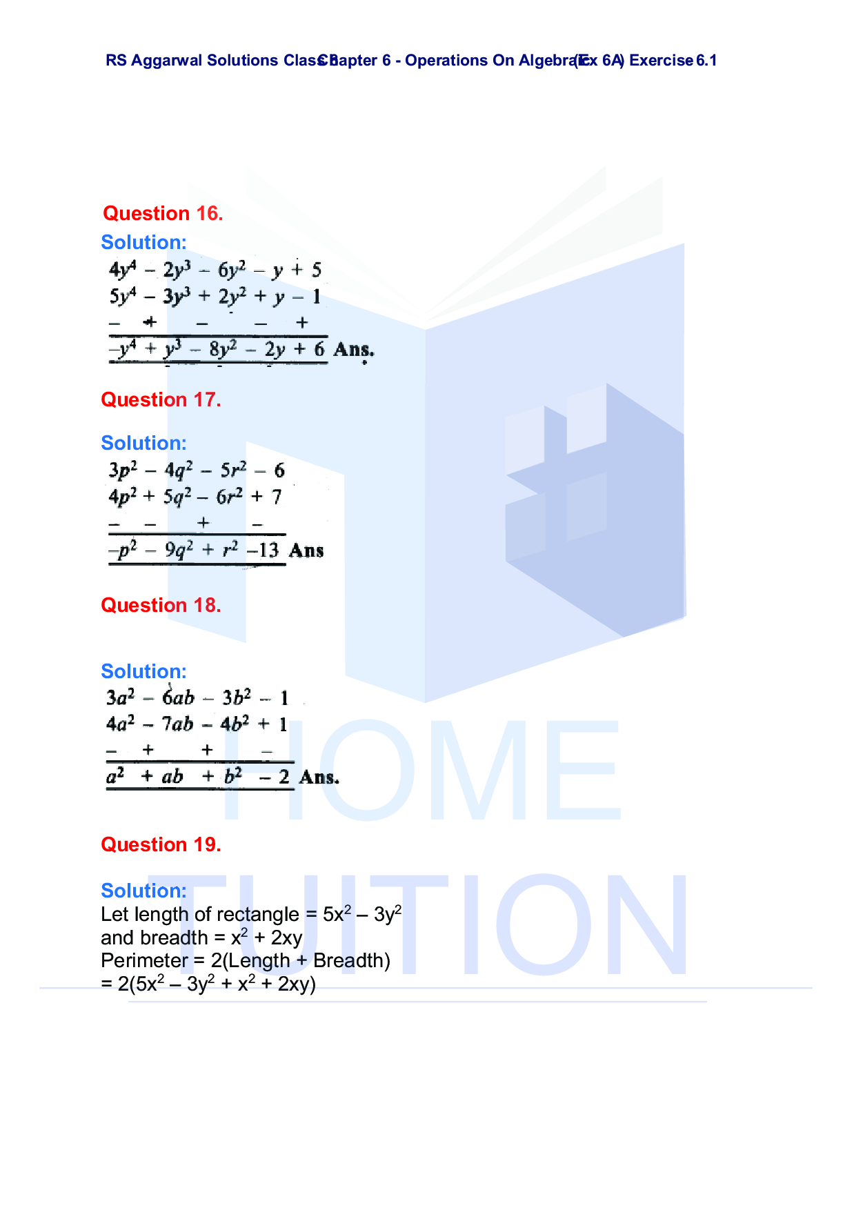 Chapter-6 Operations on Algebraic Expressions