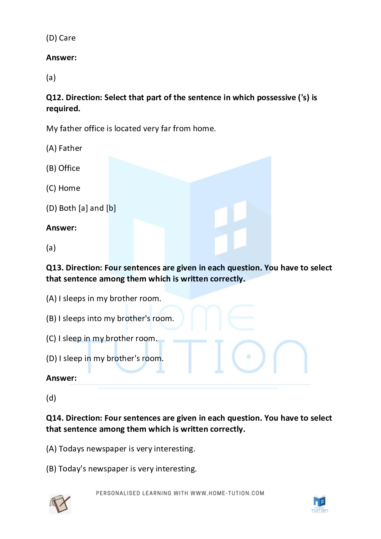 CBSE Class 3 English Uses of Possessives Worksheet with Answers - Download Free Printable PDF