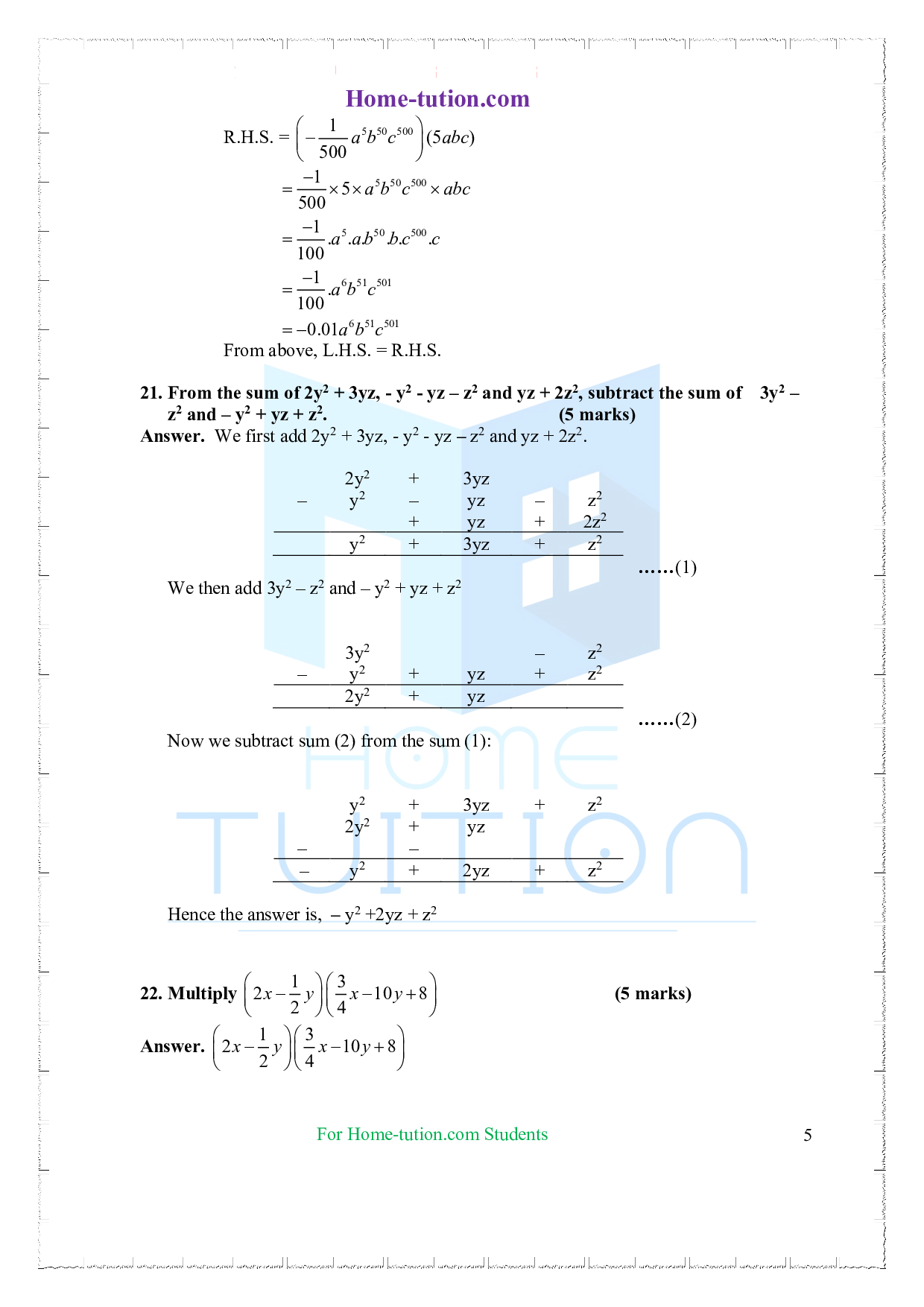 Extra Questions on Class 7 Maths Chapter 12 Algebraic Expressions