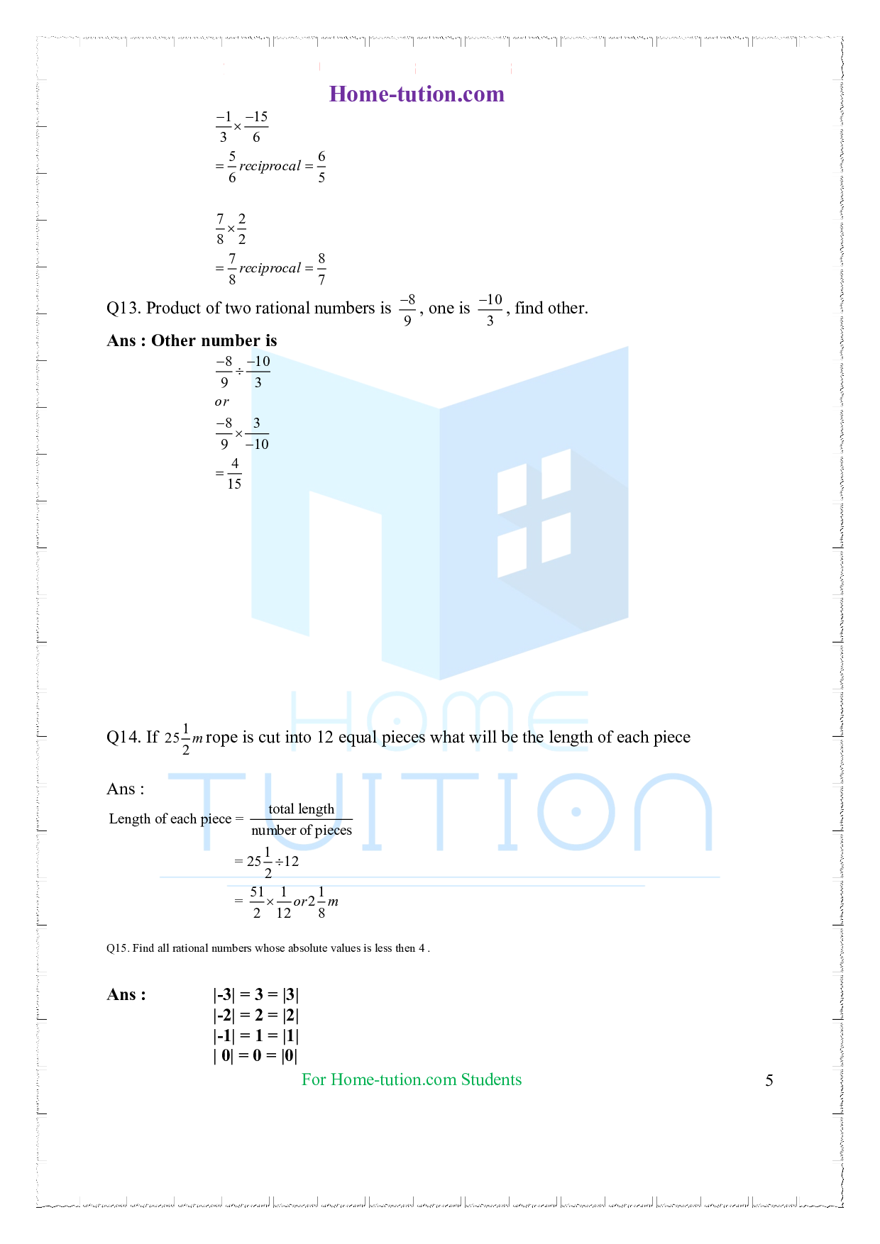 Extra Questions on Class 7 Maths Chapter 9 Rational Numbers