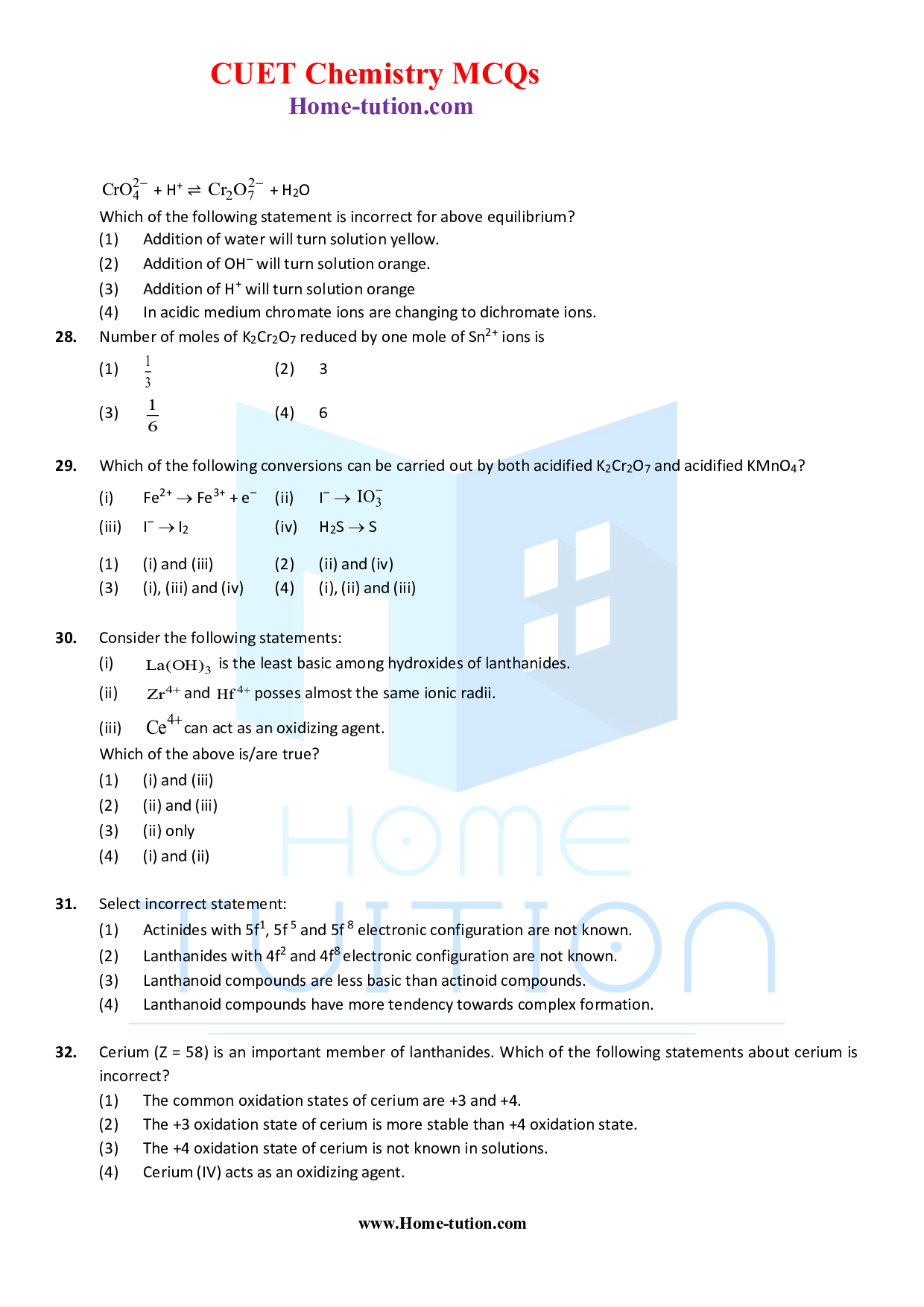 CUET MCQ Questions For Chapter-08 d & f Block Elements