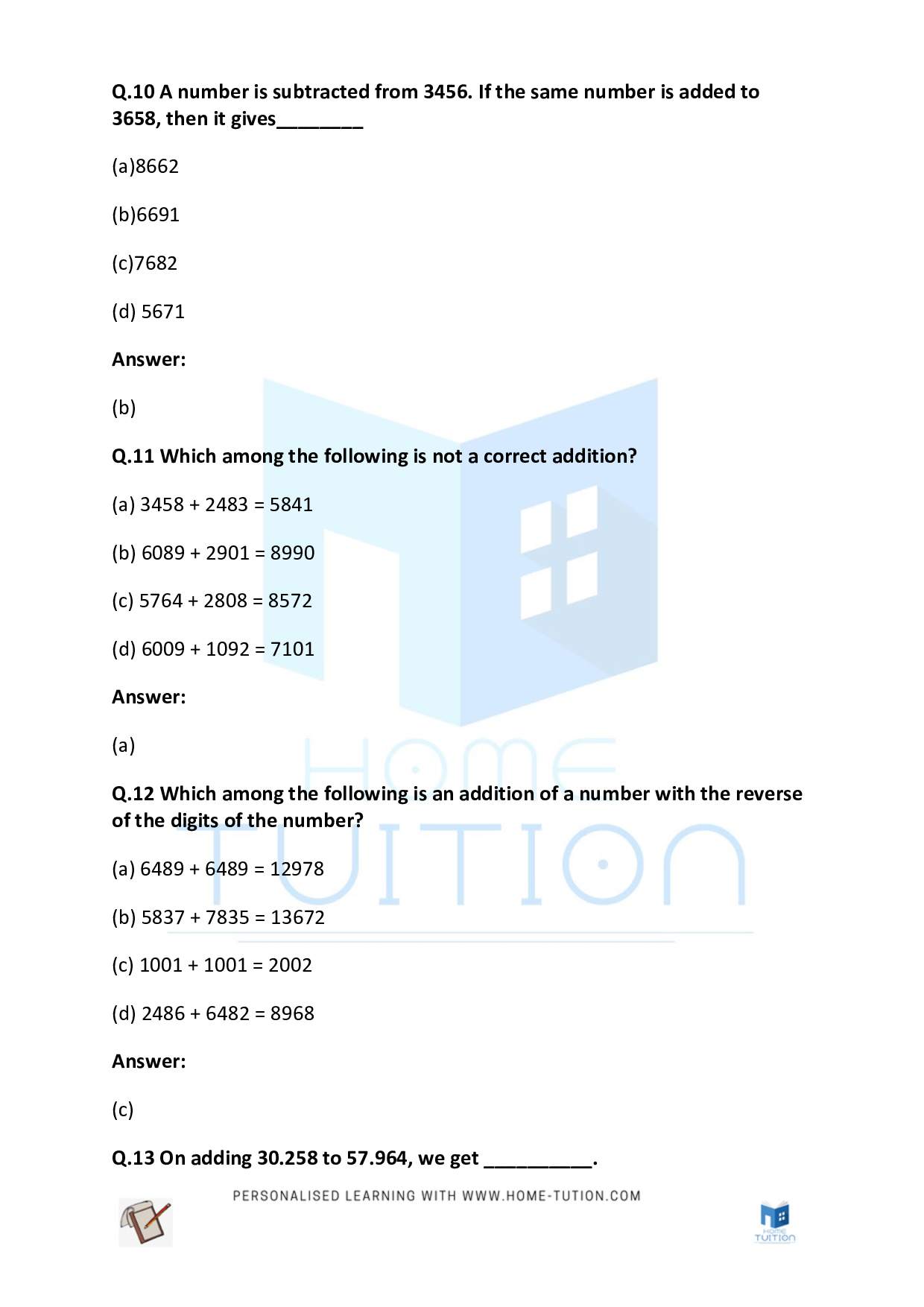 CBSE Class 3 Maths Addition And Subtraction Worksheet Free PDF Home 