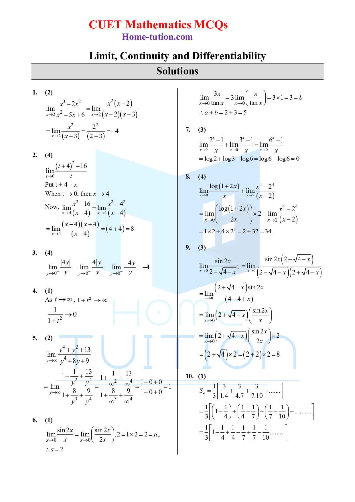CUET MCQ Questions For Maths Chapter-8 Limit, Continuity and Differentiability