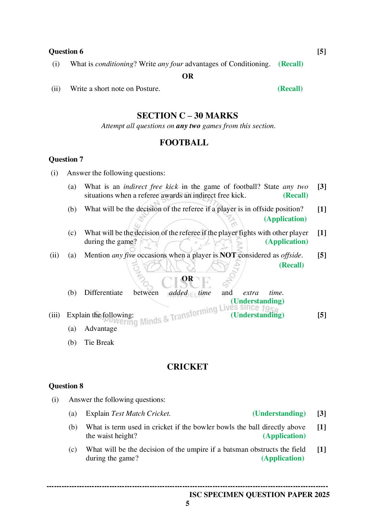 ISE Sample paper for Physical Education