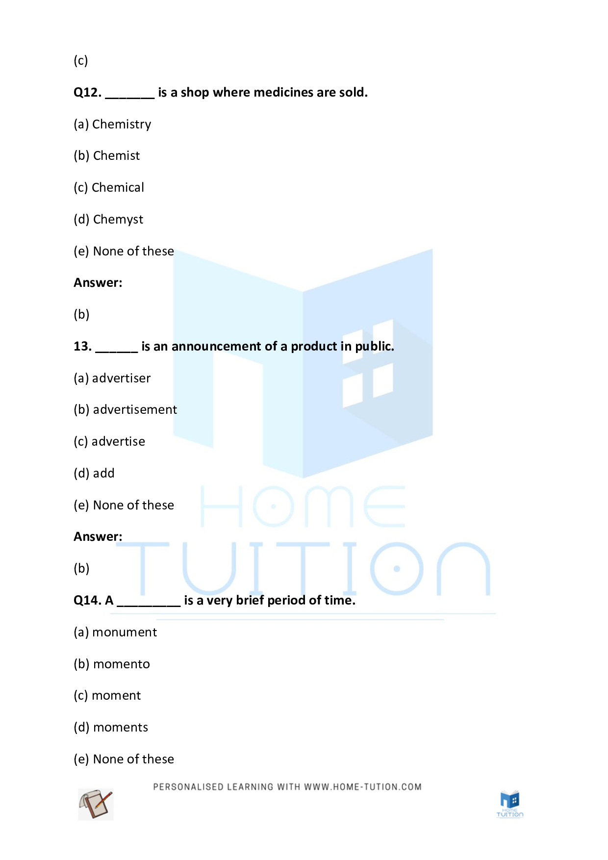 CBSE NCERT Class 4 English Vocabulary Worksheet with Answers PDF