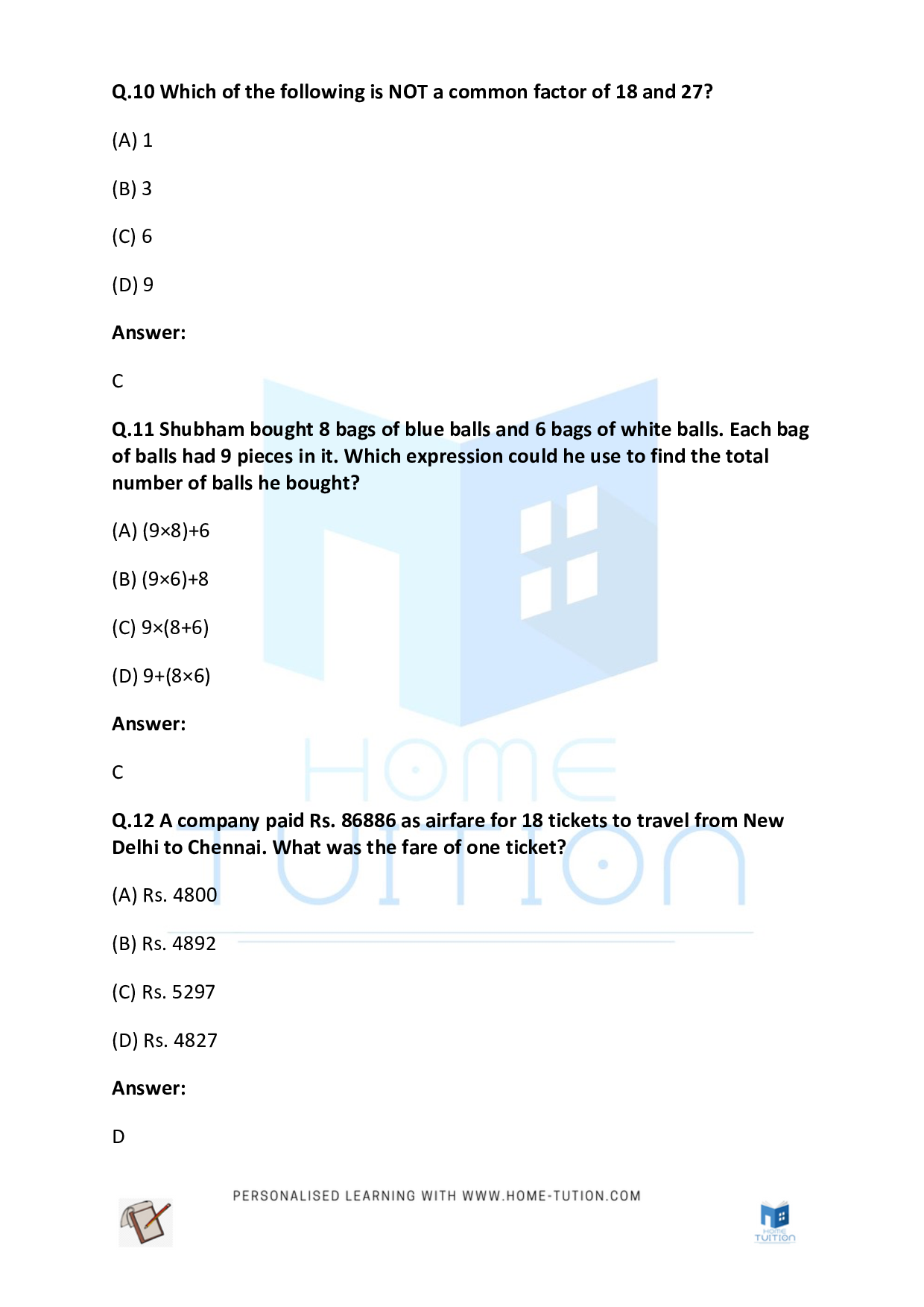 CBSE (NCERT) Class 4 Maths Computation Operations Worksheet Questions with Answers 