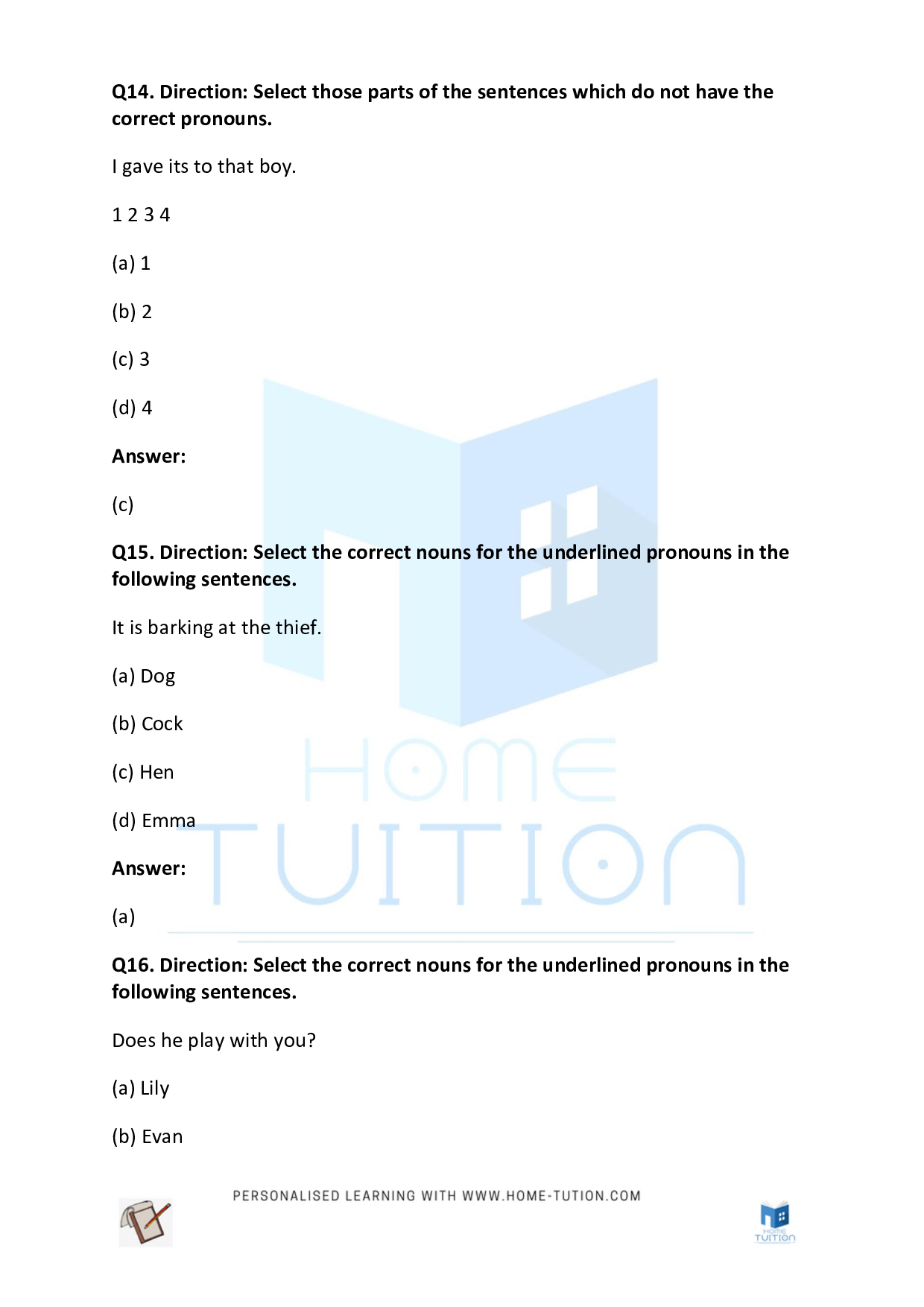 CBSE Class 3 English Pronounds Worksheet with Answers - Download Free Printable PDF