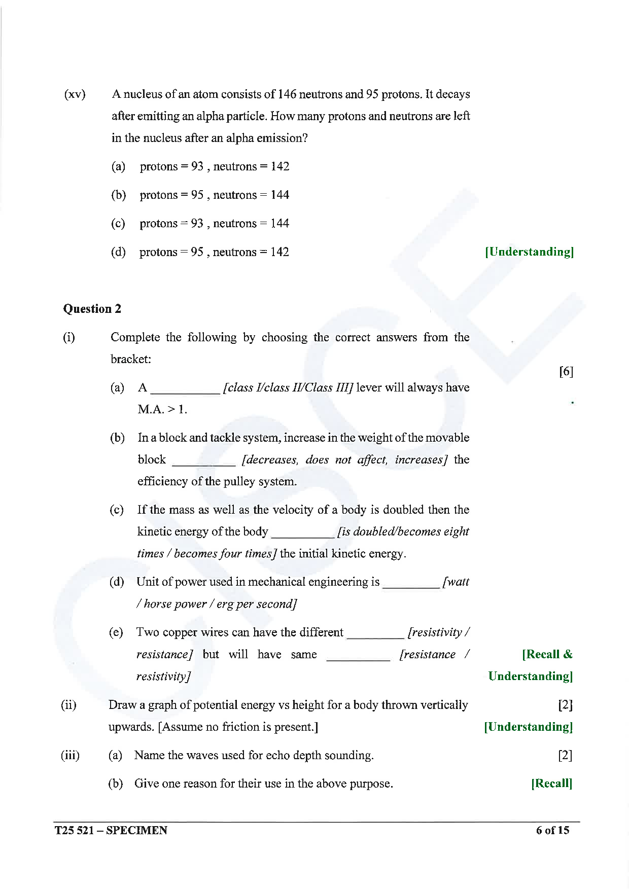 ICSE Board Sample Paper for class 10 Physics