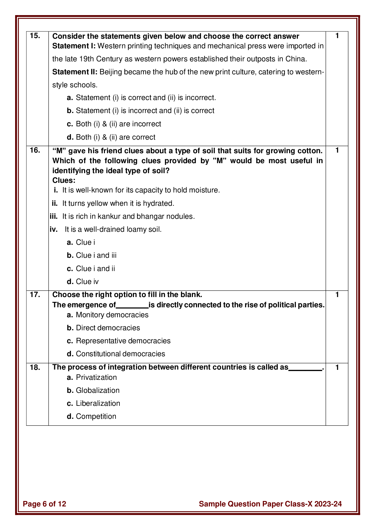 Sample Paper for Class 10 Social Science 