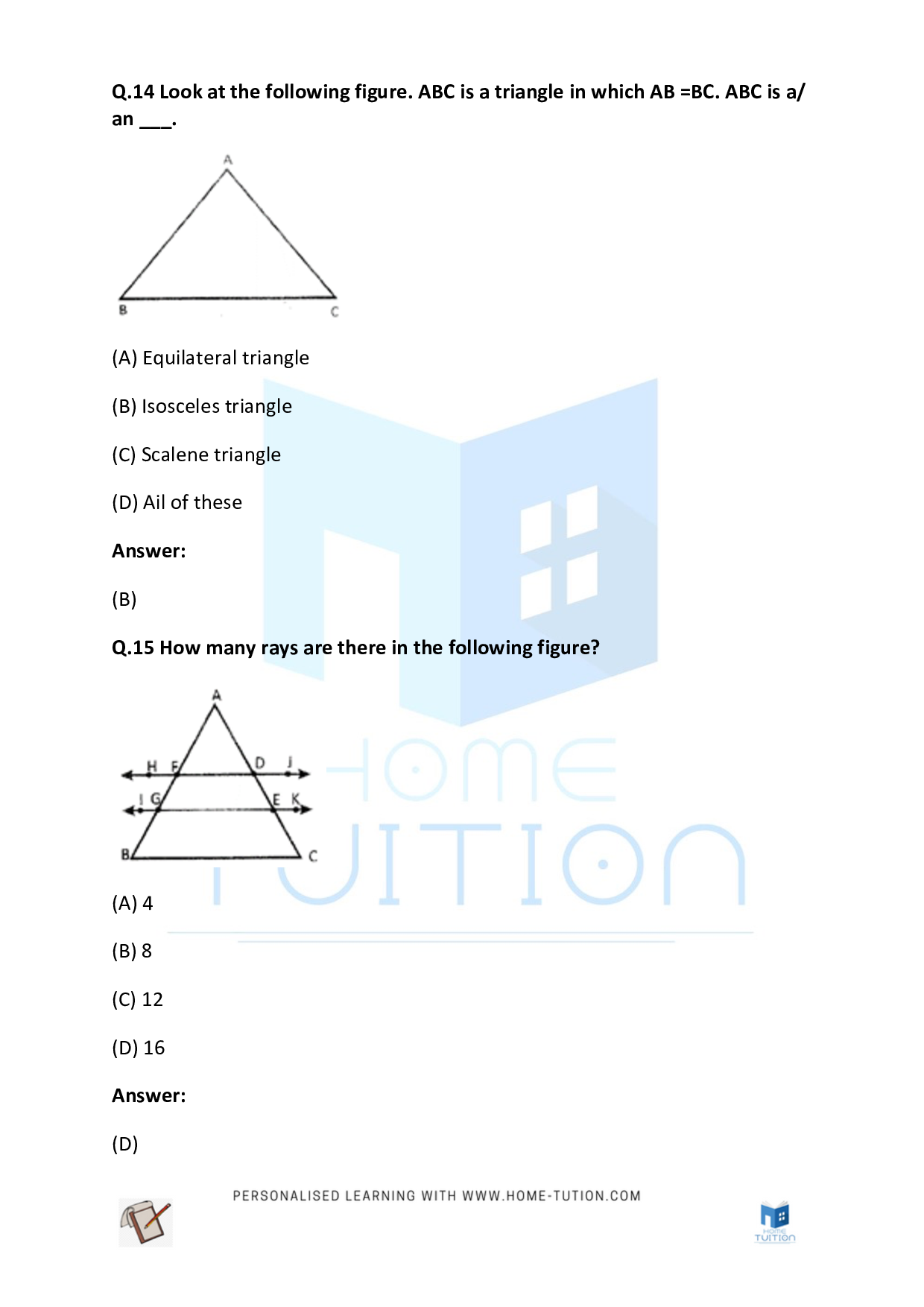 CBSE (NCERT) Class 4 Maths Geometrical Figures Worksheet Questions with Answers 