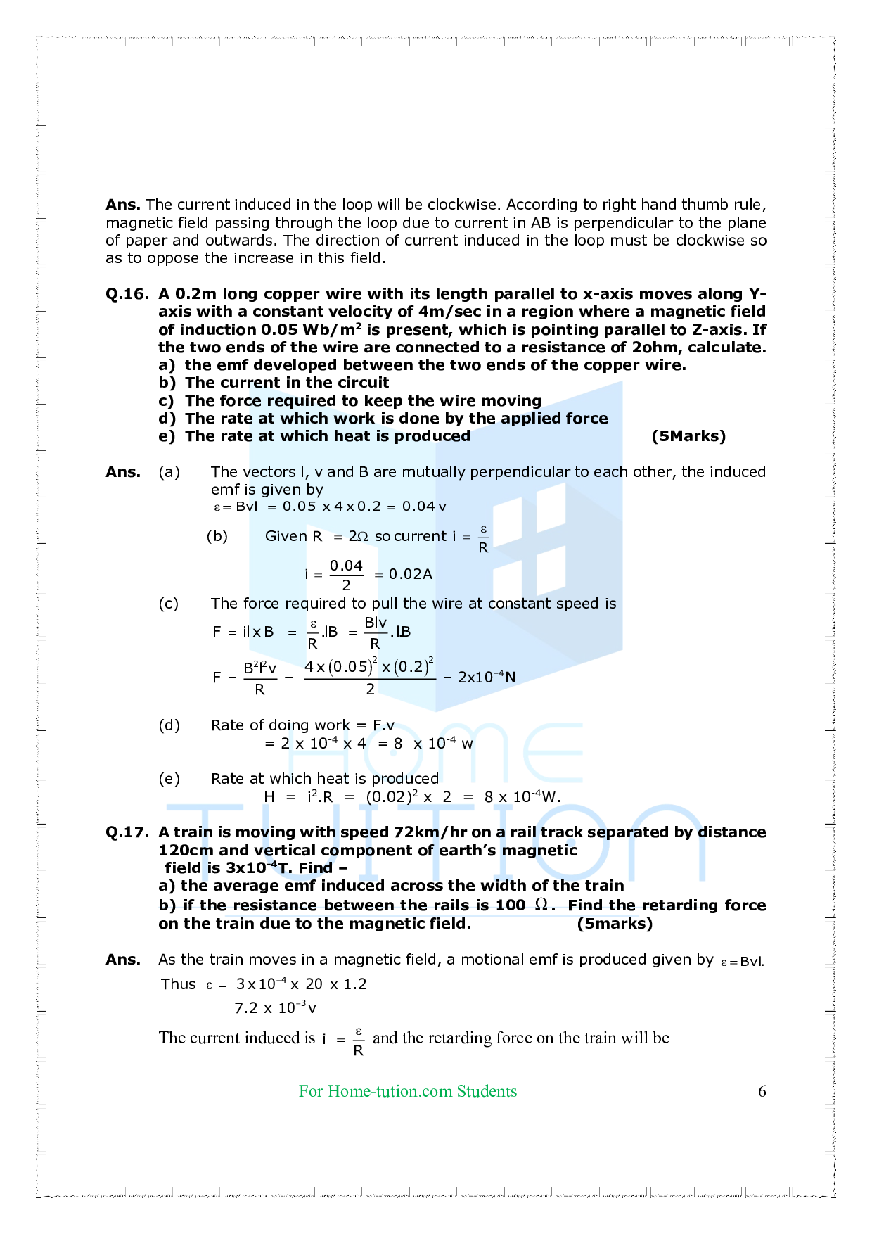 Chapter 6 Electromagnetic Induction Questions